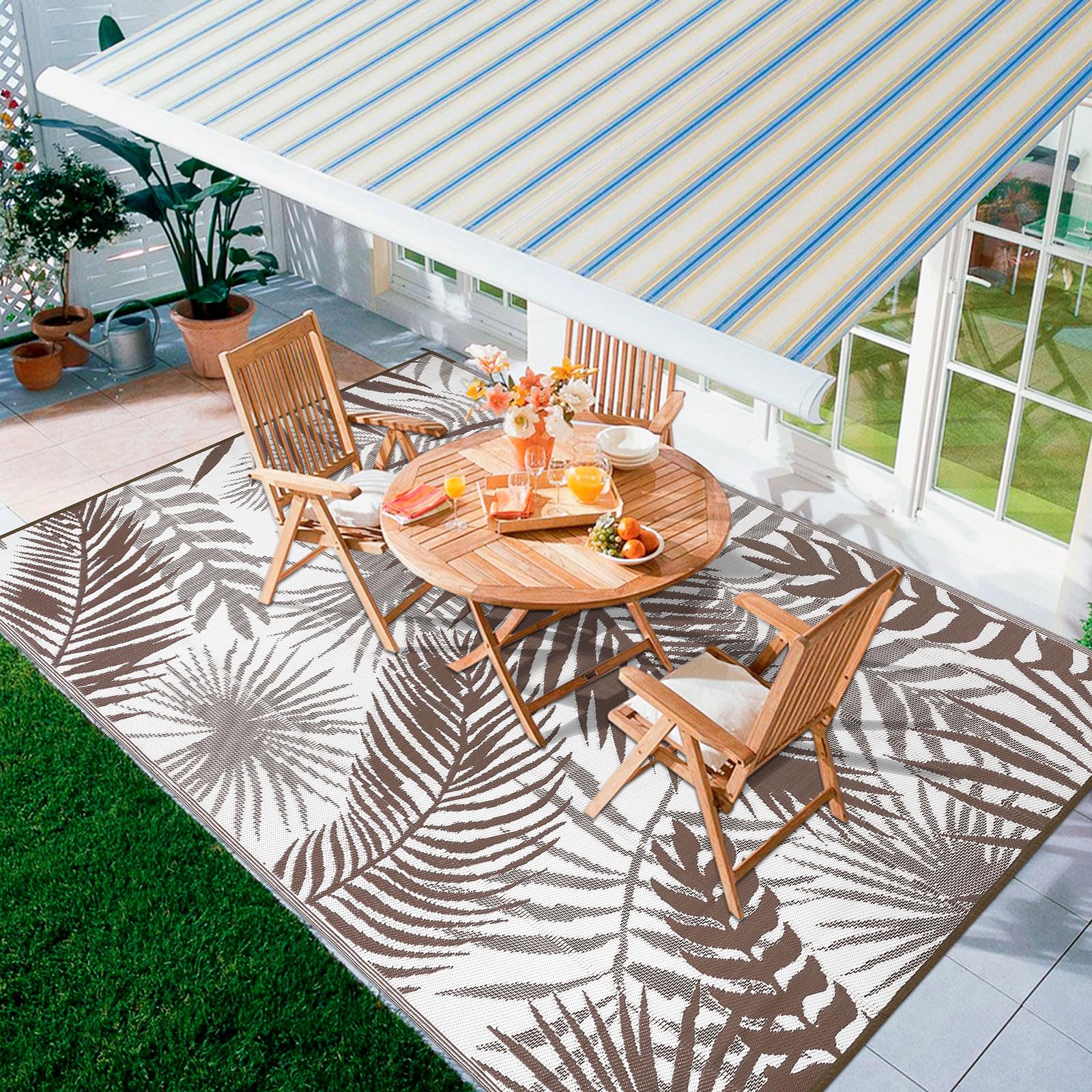 Outdoor Rug for Patios Clearance, 6x9 Waterproof RV Rugs for Outside, Reversible Plastic Straw Mat Large Quick Drying Outdoor Rugs for Deck Trailers Campers Porch Beach Backyard,Teal & White