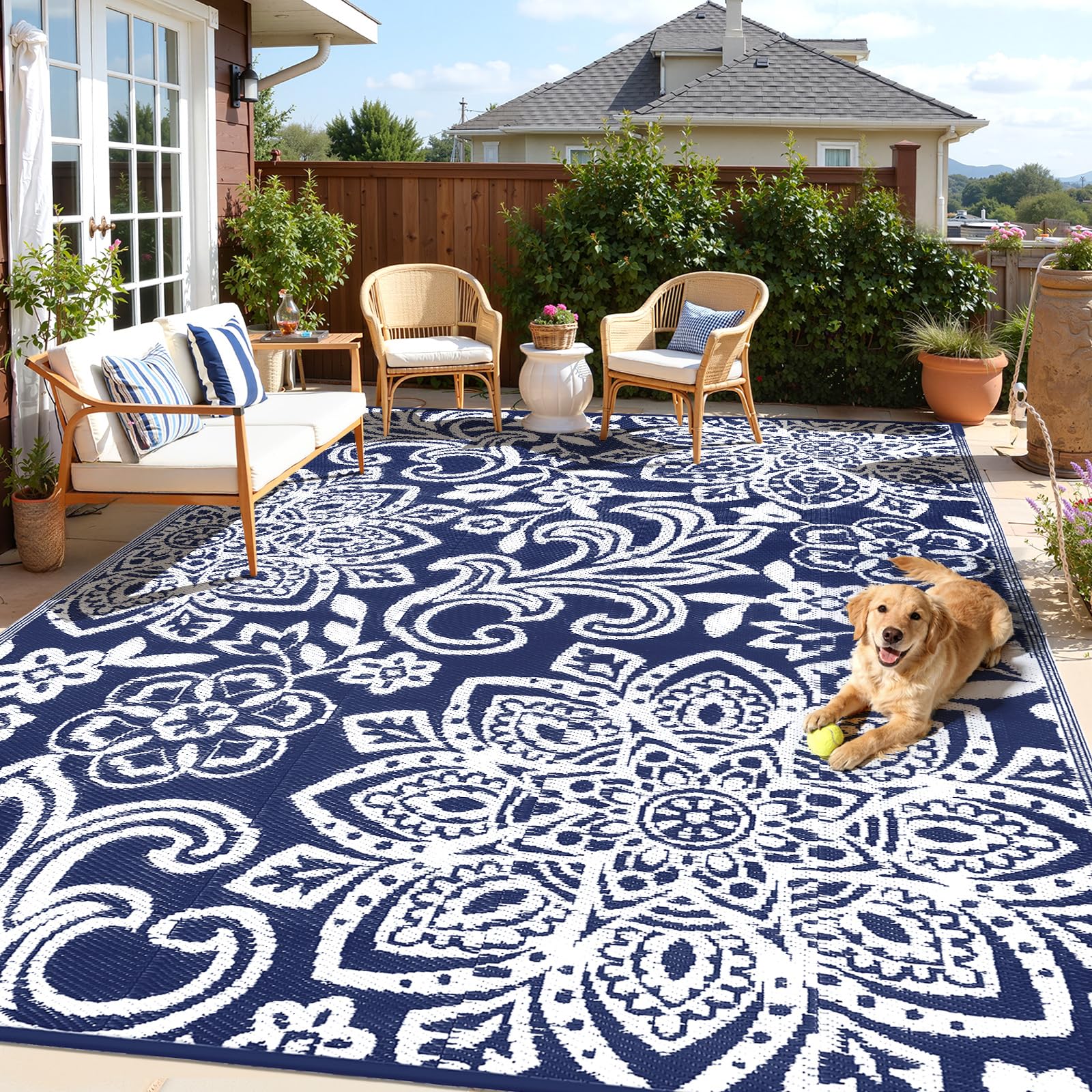 Findosom Waterproof Outdoor Rug 8' x 10' - Reversible Mandala Outdoor Plastic Straw Rug, Durable Foldable Patio Rug for RV, Deck, Balcony, Backyard, Picnic, Porch, Camping, Beach, Gray