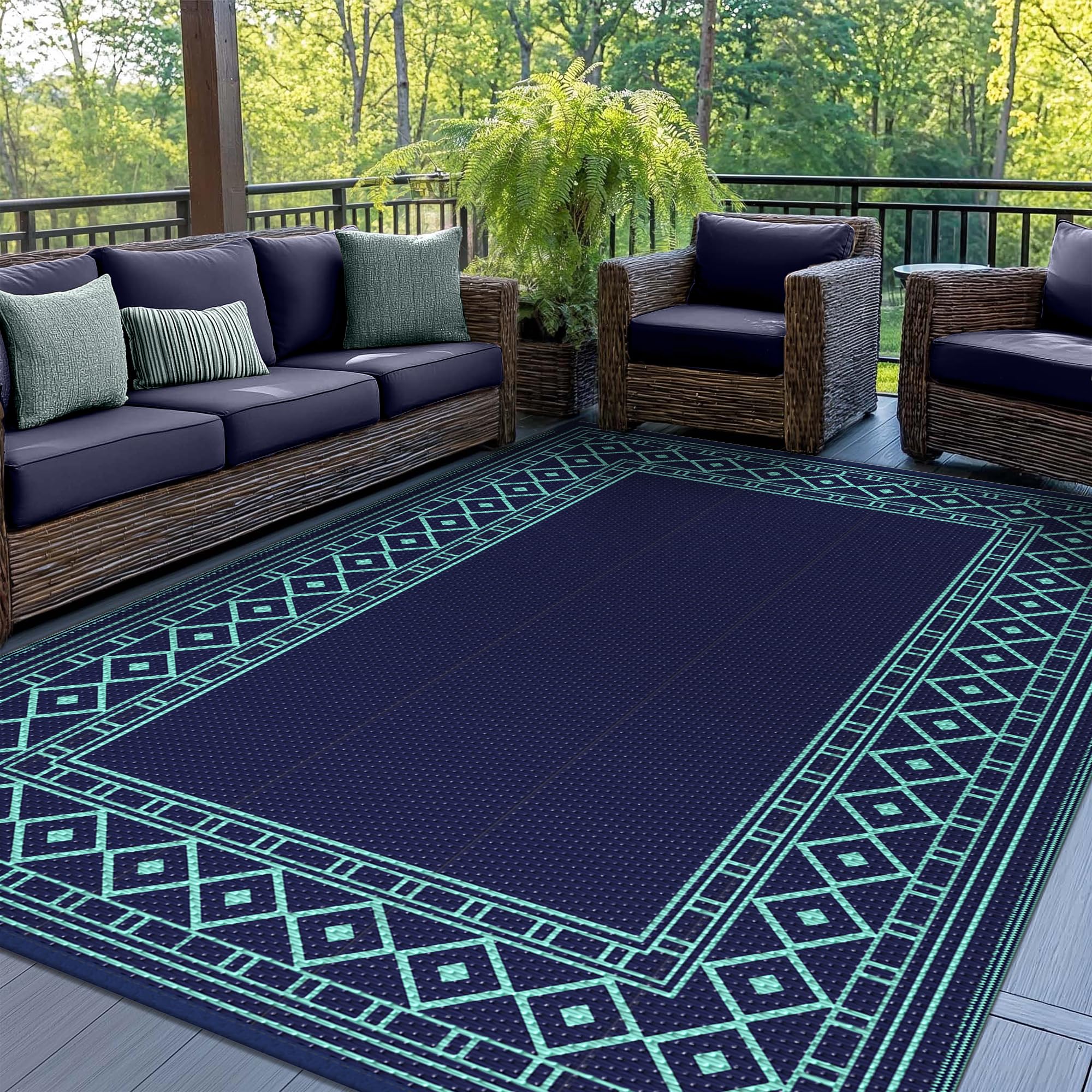 GENIMO Outdoor Rug Waterproof for Patio Decor, 5'x8' Reversible Plastic Straw Rug Carpet, Camping Mat for Outdoor, RV, Backyard, Deck, Balcony, Picnic, Beach, Coffee & Beige