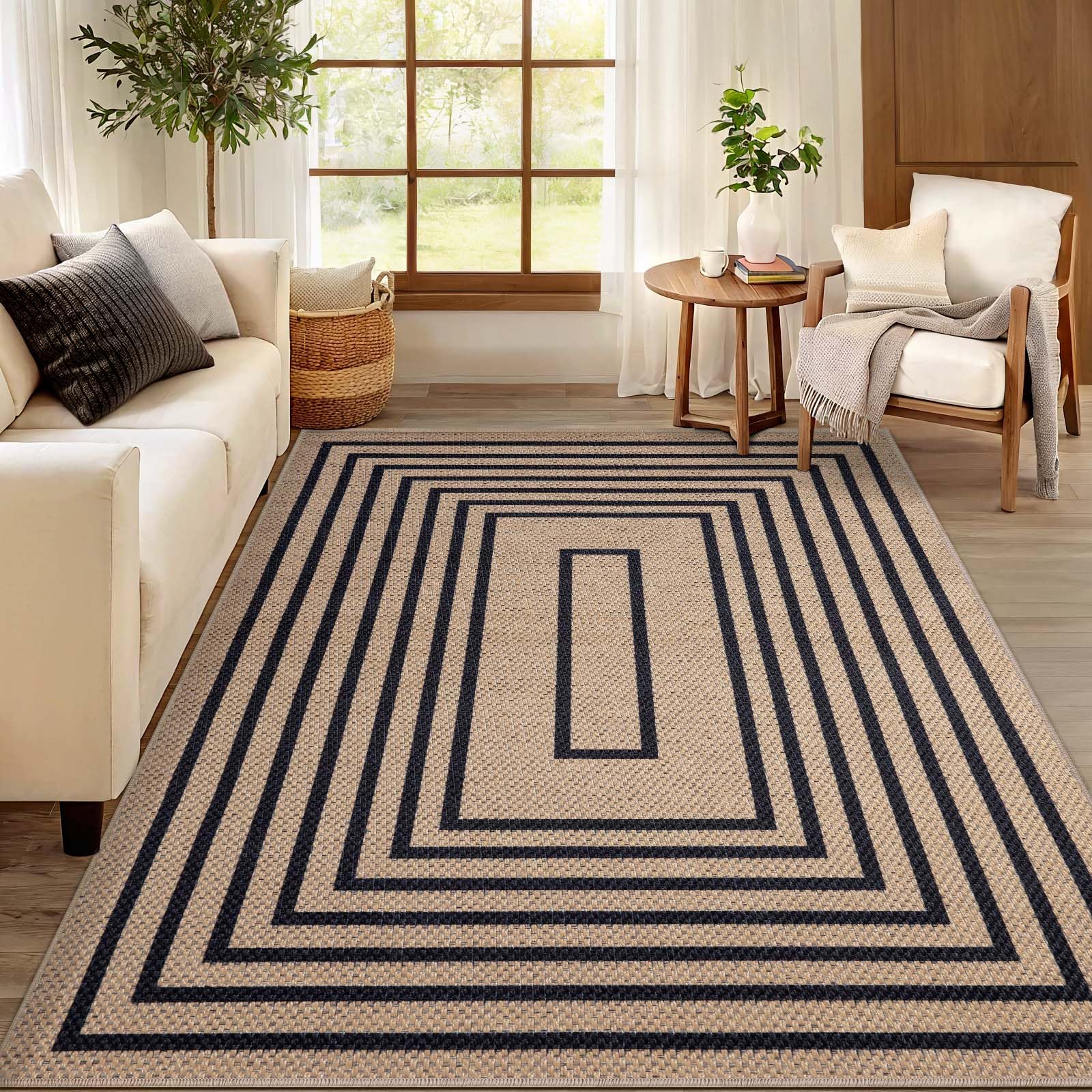 Tangsoo Rainbow Easy Jute Rug 5x7 Large Washable Area Rug for Living Room,Black Non-Slip Thin Outdoor Rug,Modern Farmhouse Indoor Carpet for Dining Room Table Bedroom Patio