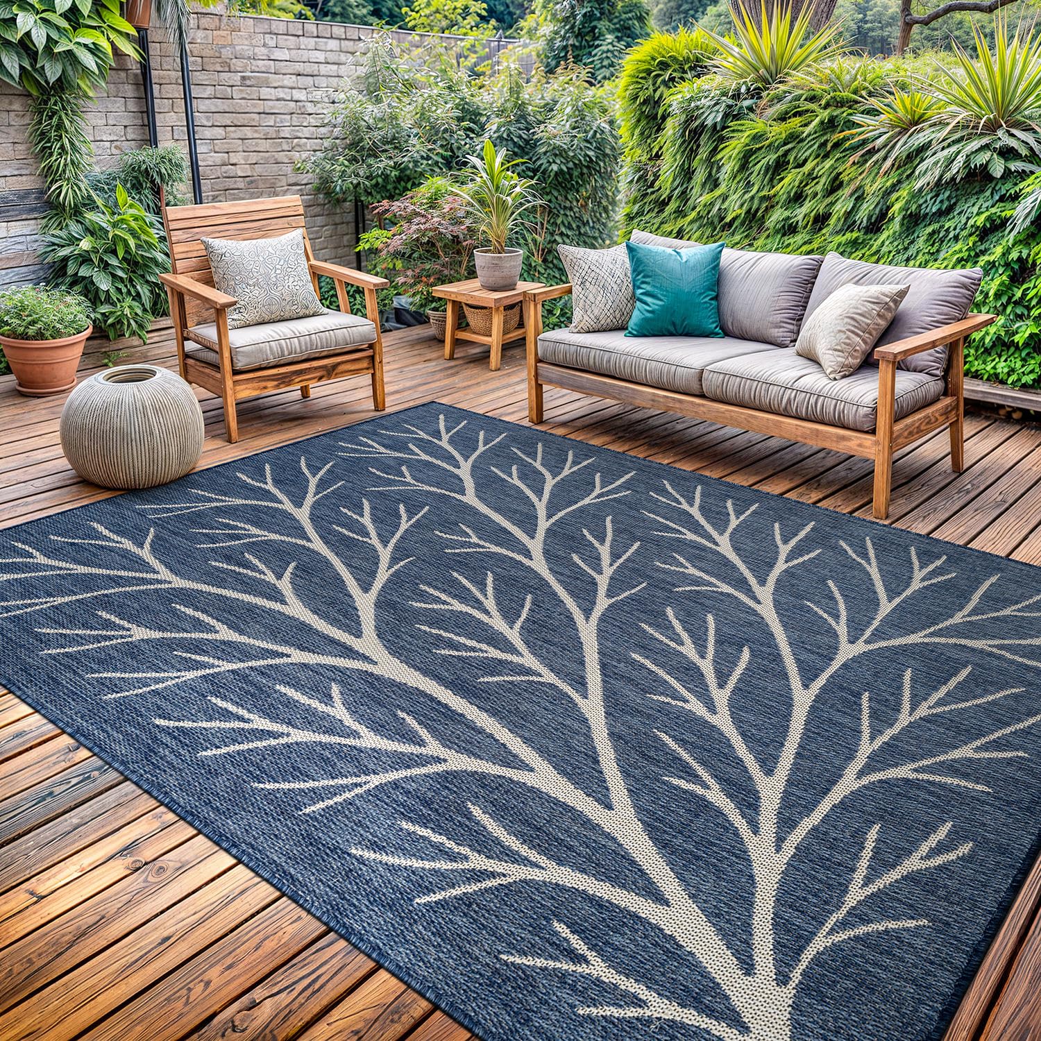 Washable Indoor Outdoor Rug 6x9 Modern Area Rugs Branch Pattern Non Shedding Waterproof Easy Clean Patio Deck Porch Living Room Bedroom Garden RV (6 X 9 Blue)