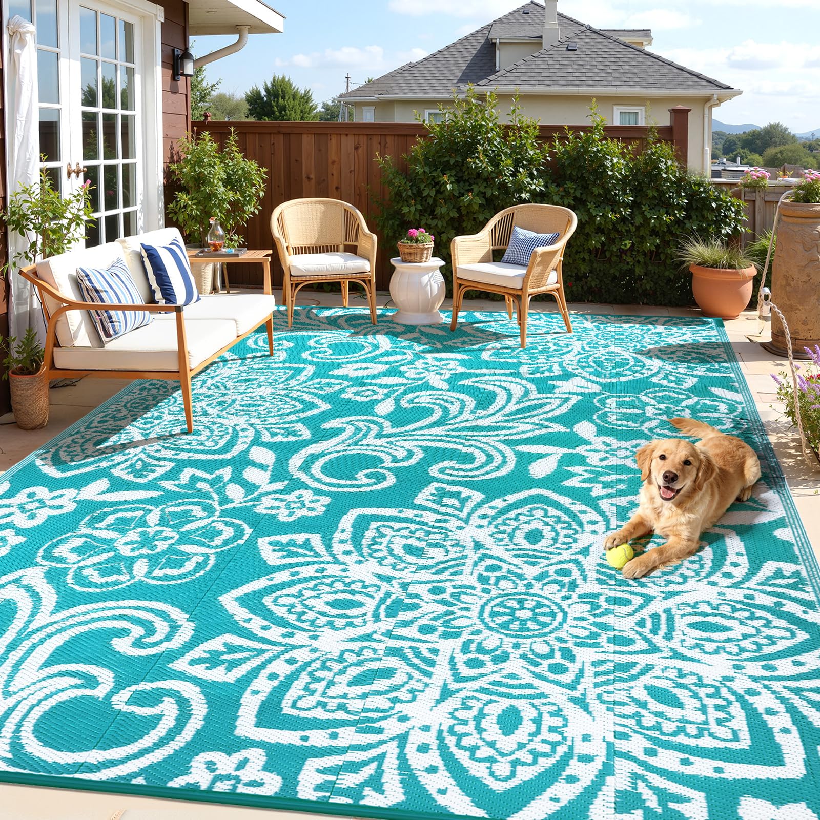 Findosom Waterproof Outdoor Rug 8' x 10' - Reversible Mandala Outdoor Plastic Straw Rug, Durable Foldable Patio Rug for RV, Deck, Balcony, Backyard, Picnic, Porch, Camping, Beach, Gray