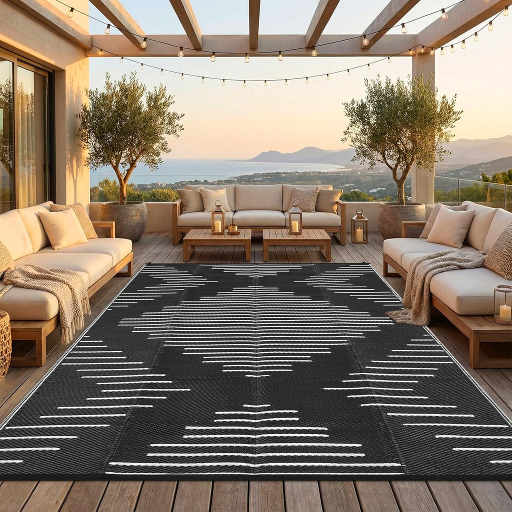 Garvee 6x9 Area Rugs Plastic Reversible Patio Rugs Outdoor Waterproof Easy-Cleaning Large Floor Mat for Outdoors Backyard Porch RV Beach Picnic Black White