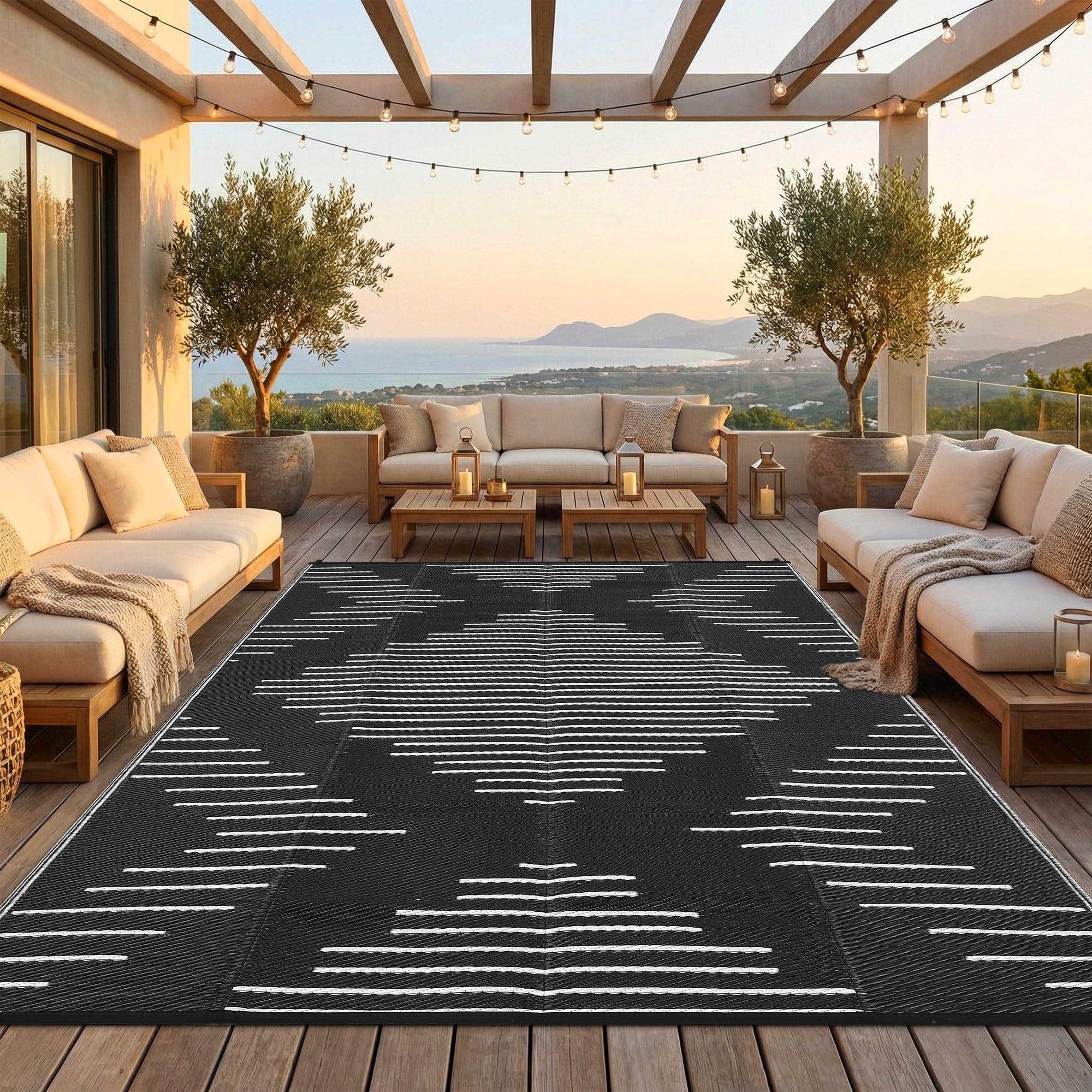 Garvee 6x9 Area Rugs Plastic Reversible Patio Rugs Outdoor Waterproof Easy-Cleaning Large Floor Mat for Outdoors Backyard Porch RV Beach Picnic Black White