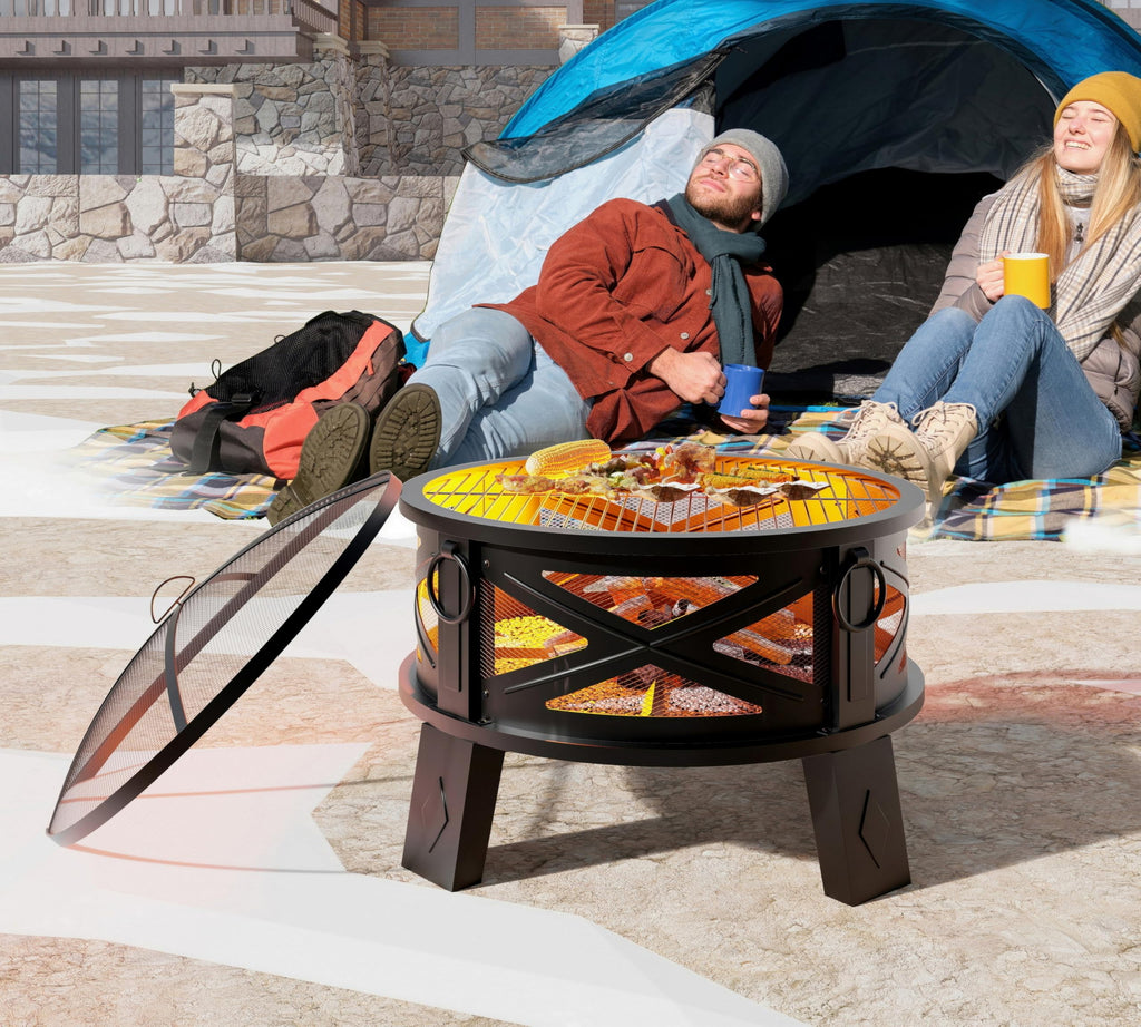 Fire Beauty 26" Steel Fire Pit with Grill & Diamond Mesh Design,360° Airflow Tech for 80% Less Smoke,XL Flames,Heavy-Duty Portable Outdoor Fire Bowl for Camping, Backyard, Beach (22lbs, 4 Handles)