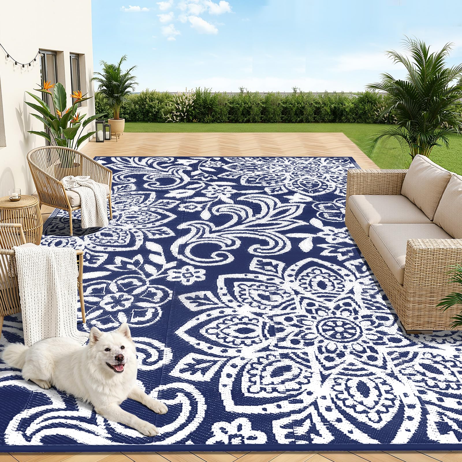 Findosom Waterproof Outdoor Rug 8' x 10' - Reversible Mandala Outdoor Plastic Straw Rug, Durable Foldable Patio Rug for RV, Deck, Balcony, Backyard, Picnic, Porch, Camping, Beach, Gray