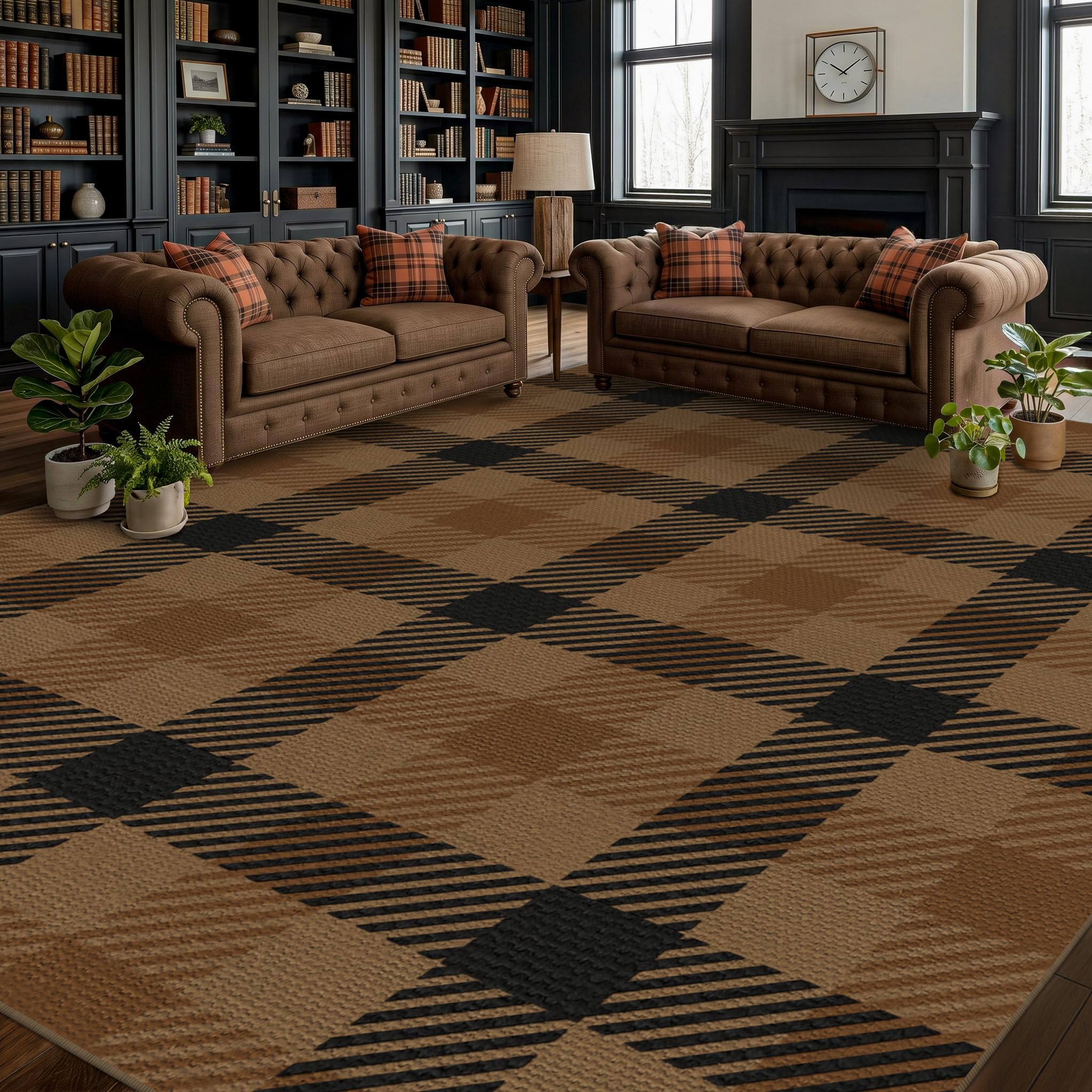 Washable Plaid Indoor Outdoor Rug 3x5 for Front Porch, Entryway, Patio, No Shed Easy Jute Non Slip TPR Backing Area Rug for Large Kitchen, Farmhouse Black & Tan Checkered Seegrass Aesthetic