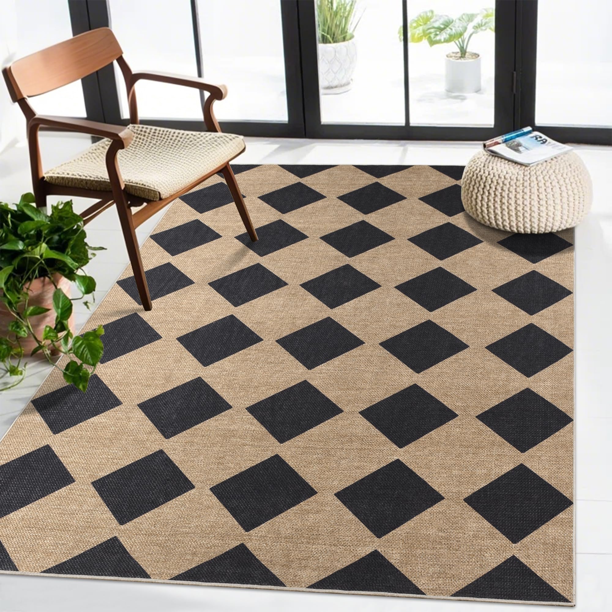 Striped Easy Jute Rug 5x7 Outdoor Patio Rug Washable Rugs for Living Room Bedroom Non Slip Non Shedding Neutral Farmhouse Indoor Outdoor Carpet for Backyard Patio Office