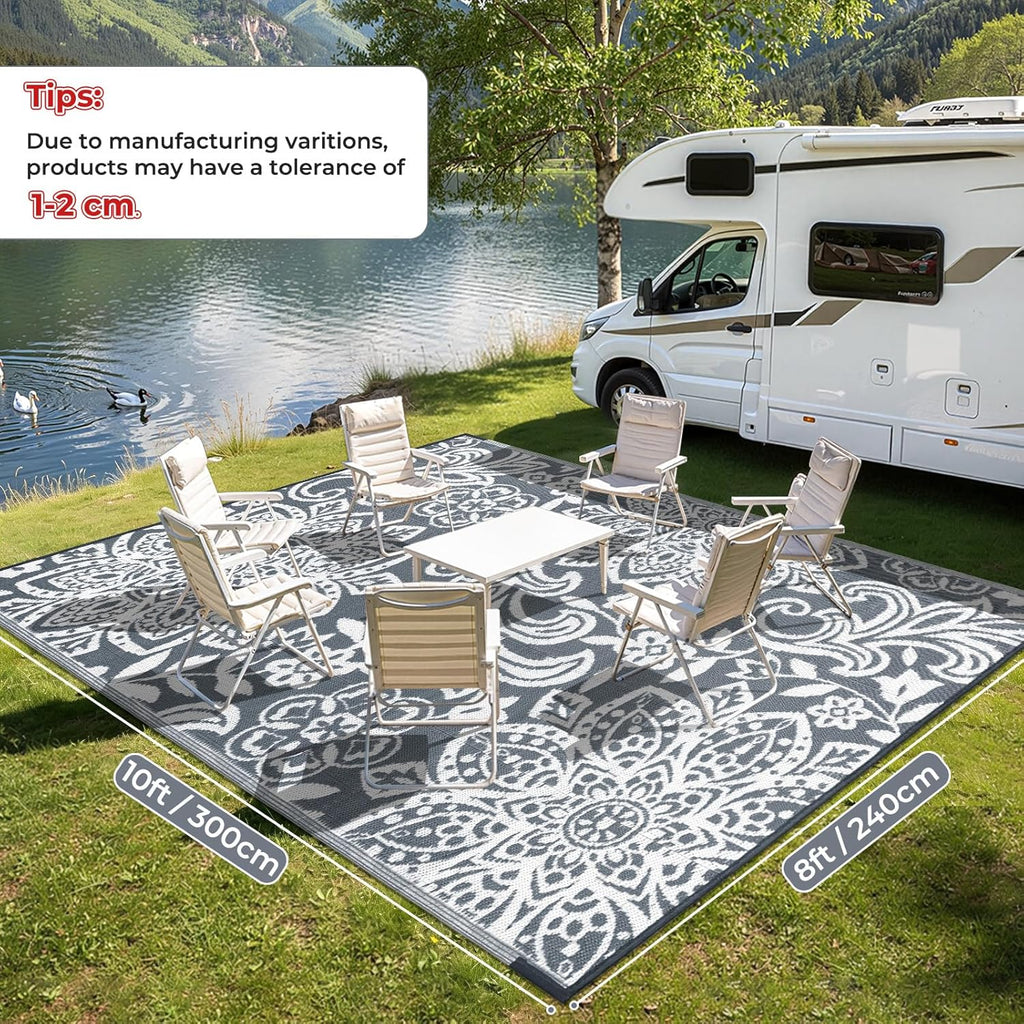 Findosom Waterproof Outdoor Rug 8' x 10' - Reversible Mandala Outdoor Plastic Straw Rug, Durable Foldable Patio Rug for RV, Deck, Balcony, Backyard, Picnic, Porch, Camping, Beach, Gray