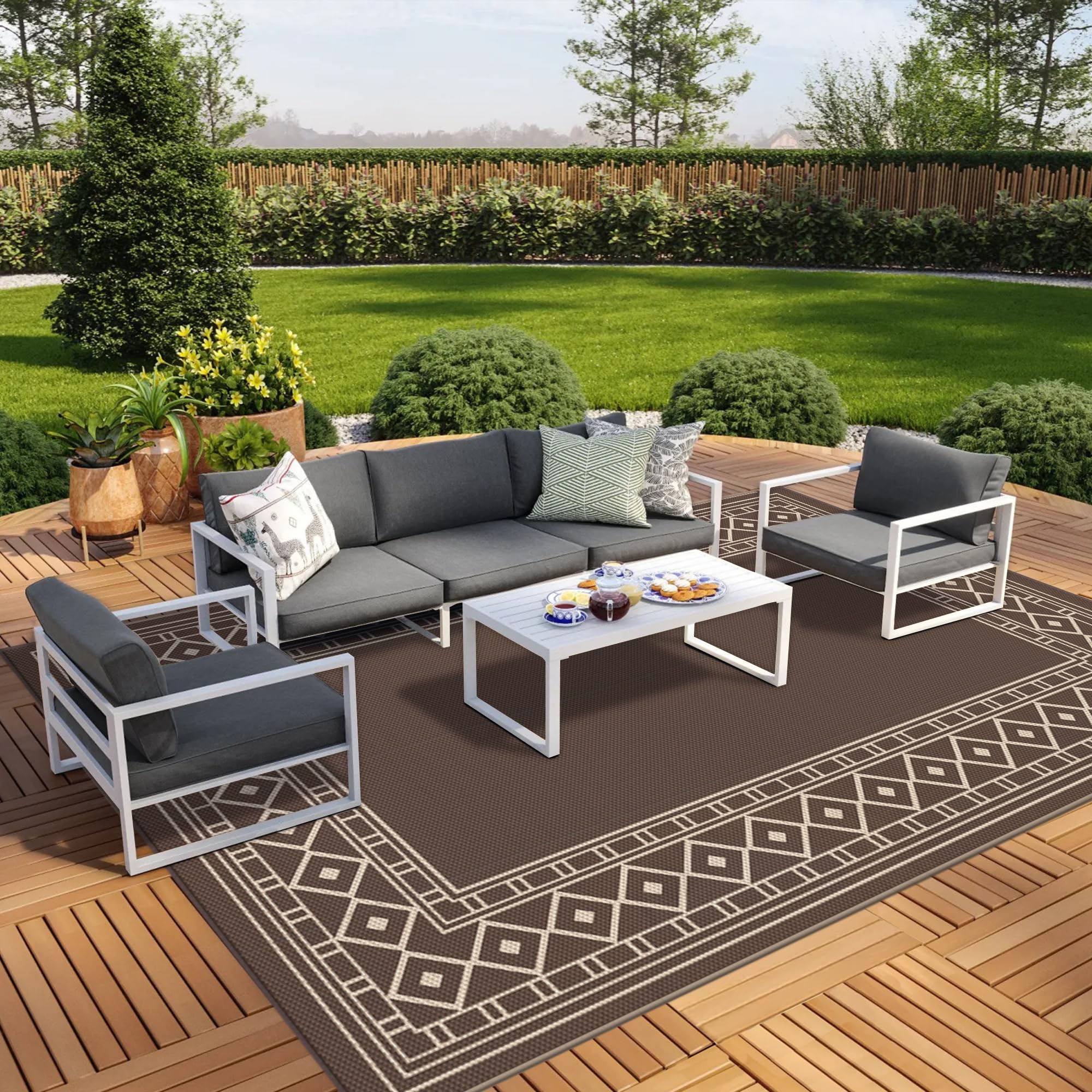 GENIMO Outdoor Rug Waterproof for Patio Decor, 5'x8' Reversible Plastic Straw Rug Carpet, Camping Mat for Outdoor, RV, Backyard, Deck, Balcony, Picnic, Beach, Coffee & Beige