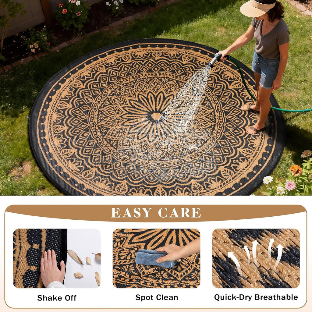 Round Outdoor Rugs 8Ft Waterproof, Outdoor Reversible Mats, Lightweight Plastic Straw Rug, Portable RV Camping Mat Floor Carpets for Deck Porch Picnic Beach Garden, Black/Camel