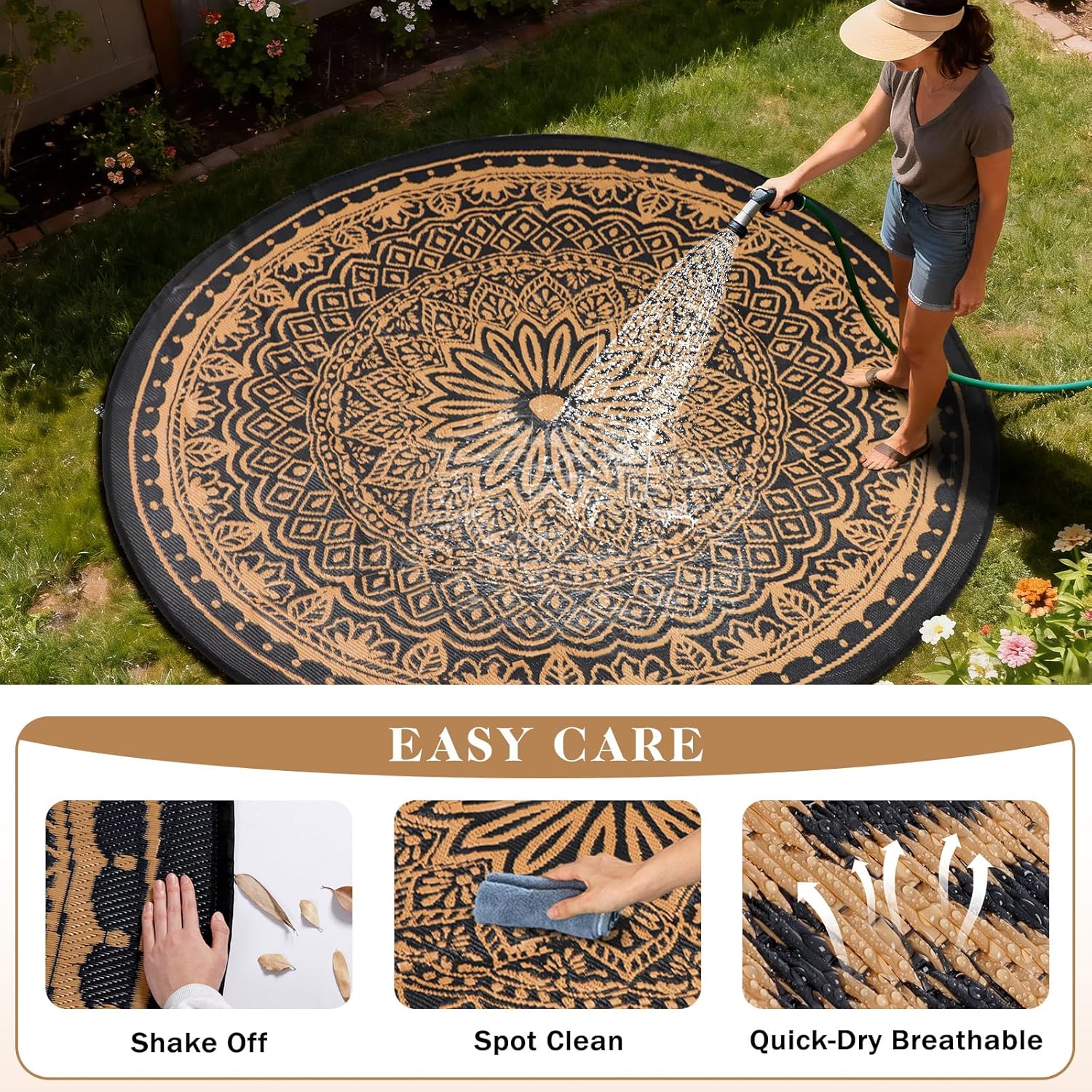 Round Outdoor Rugs 8Ft Waterproof, Outdoor Reversible Mats, Lightweight Plastic Straw Rug, Portable RV Camping Mat Floor Carpets for Deck Porch Picnic Beach Garden, Black/Camel