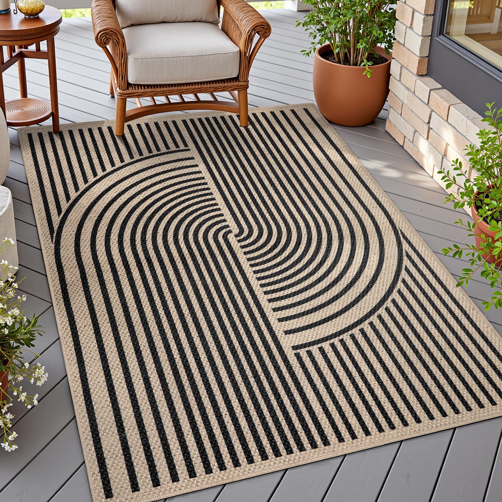 Tangsoo Rainbow Easy Jute Rug 5x7 Large Washable Area Rug for Living Room,Black Non-Slip Thin Outdoor Rug,Modern Farmhouse Indoor Carpet for Dining Room Table Bedroom Patio