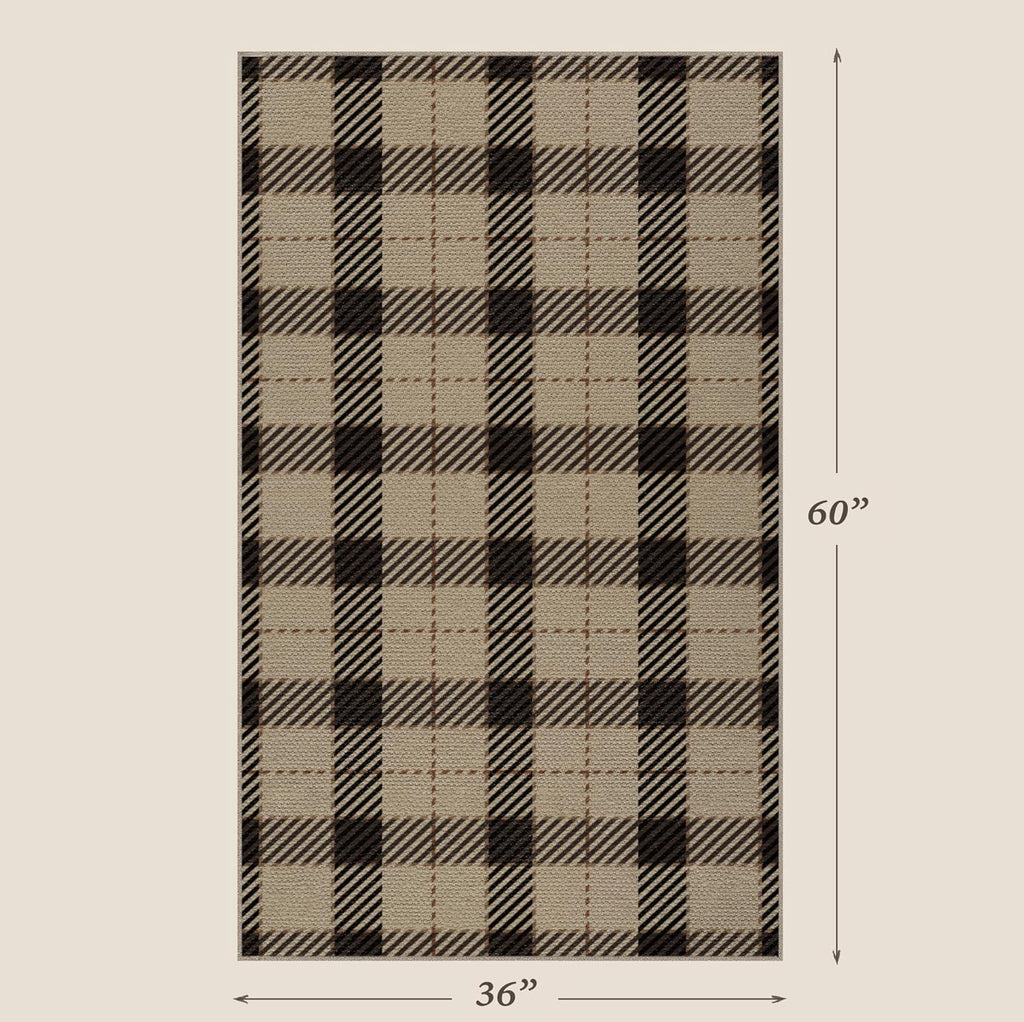 Washable Plaid Indoor Outdoor Rug 3x5 for Front Porch, Entryway, Patio, No Shed Easy Jute Non Slip TPR Backing Area Rug for Large Kitchen, Farmhouse Black & Tan Checkered Seegrass Aesthetic