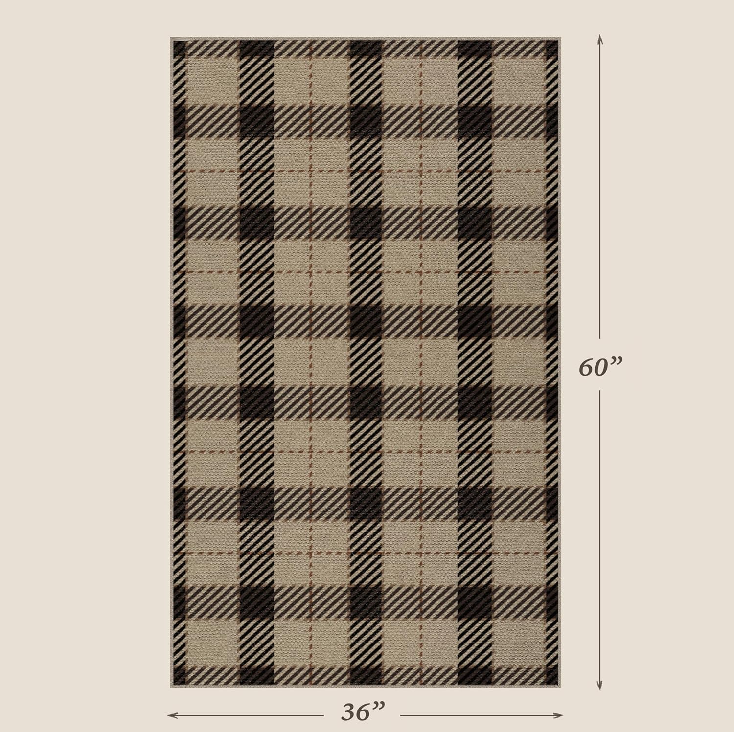 Washable Plaid Indoor Outdoor Rug 3x5 for Front Porch, Entryway, Patio, No Shed Easy Jute Non Slip TPR Backing Area Rug for Large Kitchen, Farmhouse Black & Tan Checkered Seegrass Aesthetic