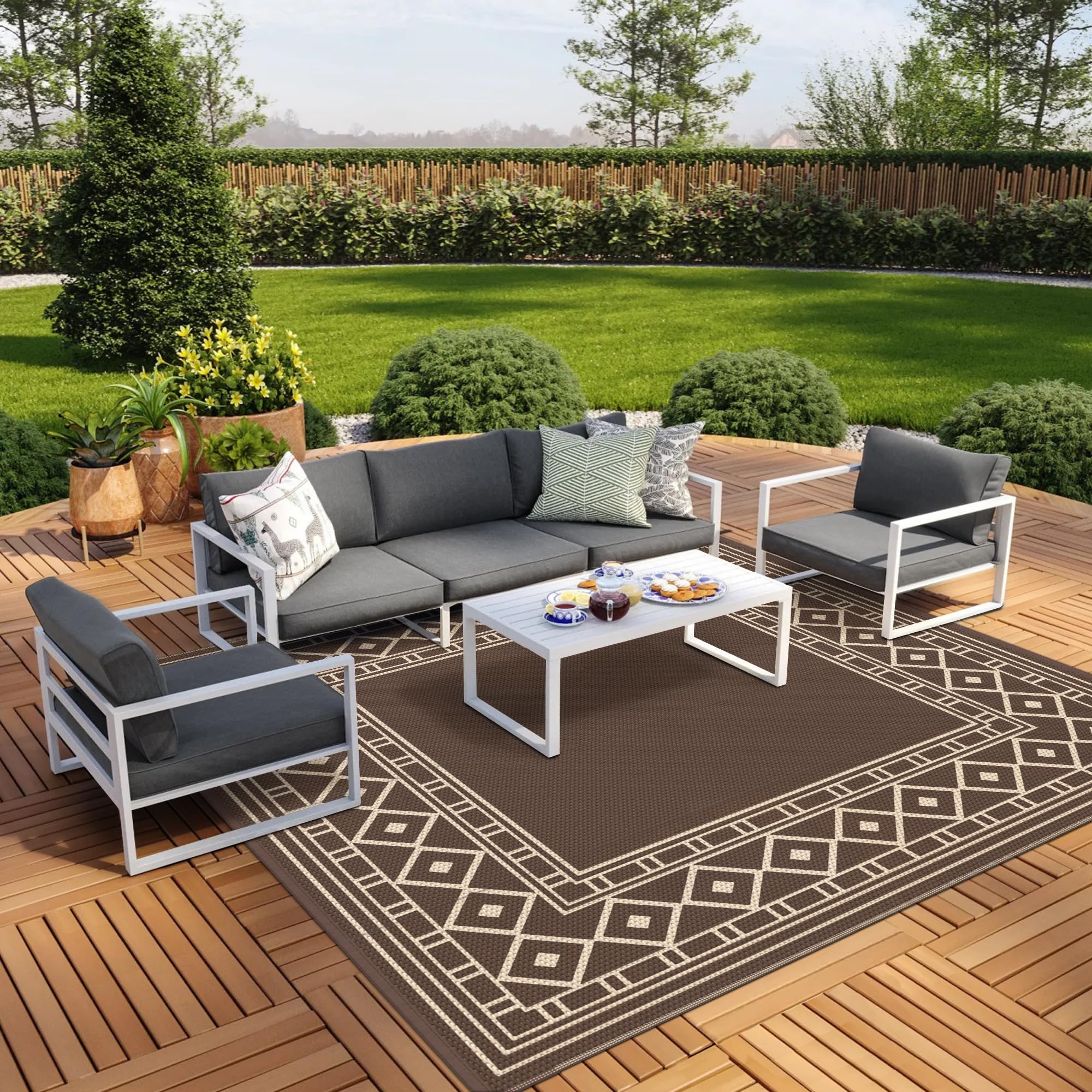 GENIMO Outdoor Rug Waterproof for Patio Decor, 5'x8' Reversible Plastic Straw Rug Carpet, Camping Mat for Outdoor, RV, Backyard, Deck, Balcony, Picnic, Beach, Coffee & Beige