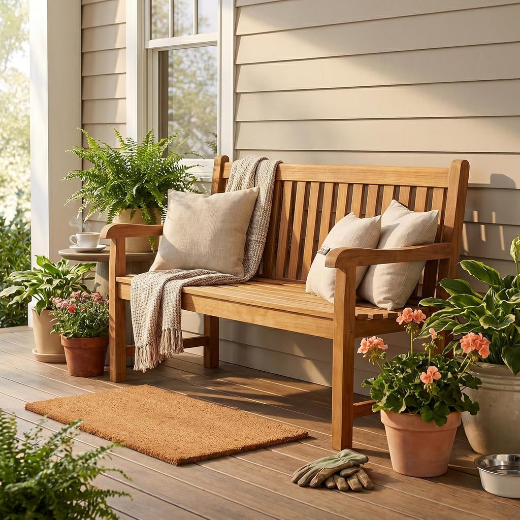 Sunnydaze Outdoor Bench for Patio, Front Porch, or Park - 2-Person Wooden Teak Garden Bench Seat - 675 lb Weight Capacity - 50"