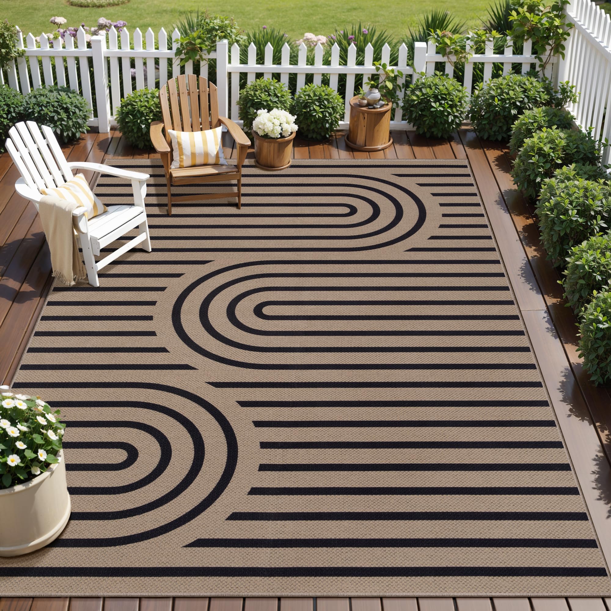 Tangsoo Rainbow Easy Jute Rug 5x7 Large Washable Area Rug for Living Room,Black Non-Slip Thin Outdoor Rug,Modern Farmhouse Indoor Carpet for Dining Room Table Bedroom Patio