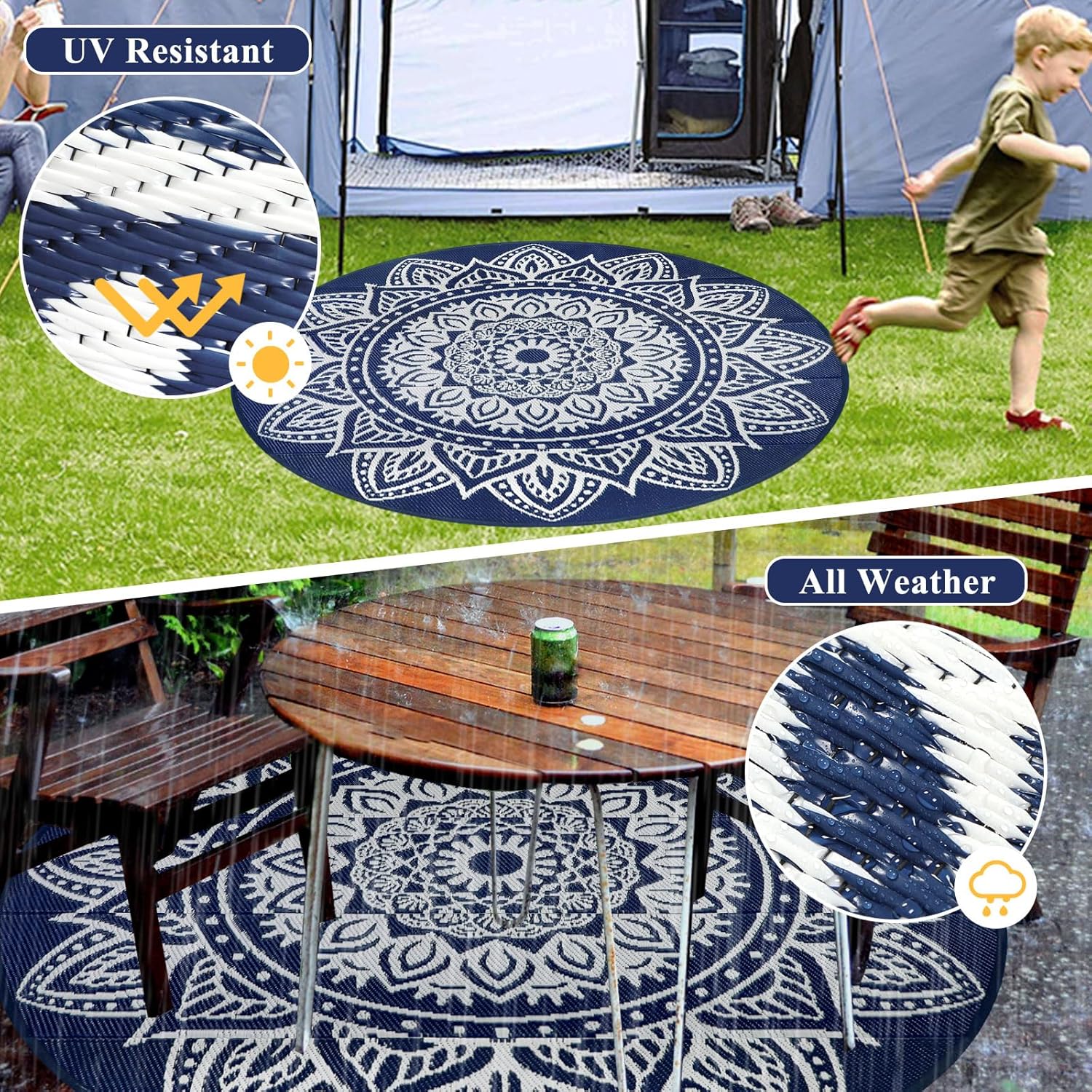 famibay 6 Ft Round Boho Outdoor Plastic Straw Rug, Waterproof, Portable, Reversible, UV-Resistant, Patio, Porch, Camping, Dark Blue