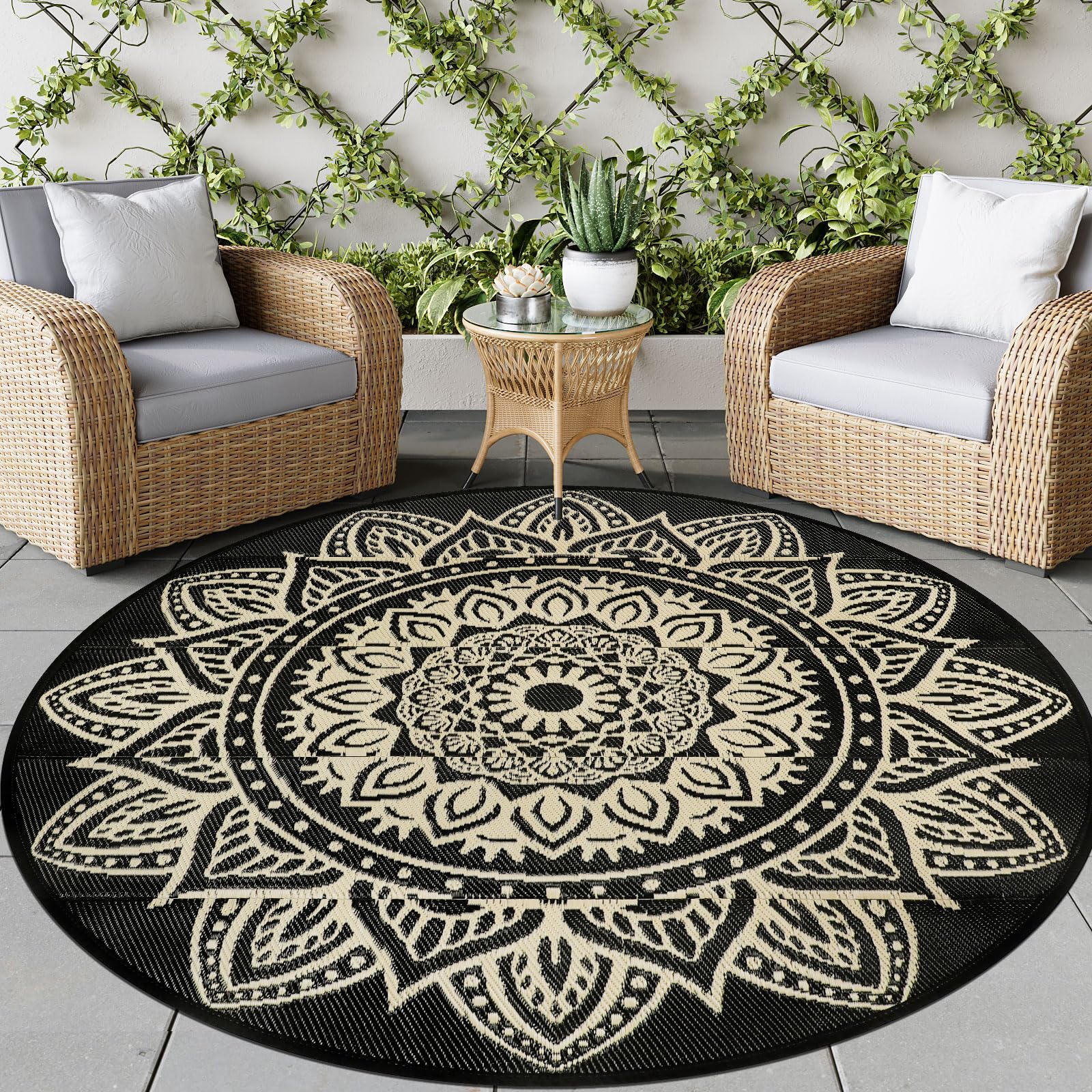 famibay 6 Ft Round Boho Outdoor Plastic Straw Rug, Waterproof, Portable, Reversible, UV-Resistant, Patio, Porch, Camping, Dark Blue