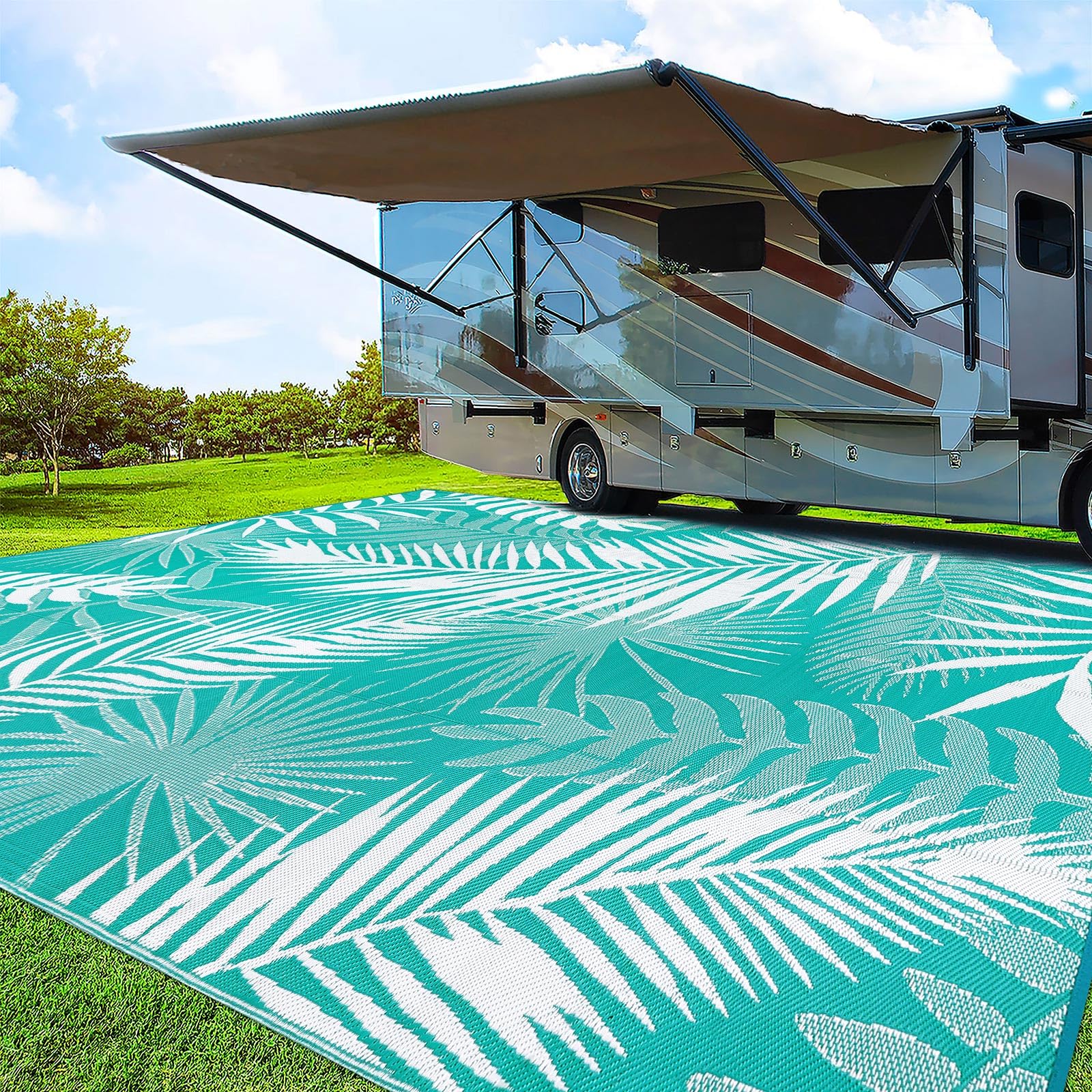 Outdoor Rug for Patios Clearance, 6x9 Waterproof RV Rugs for Outside, Reversible Plastic Straw Mat Large Quick Drying Outdoor Rugs for Deck Trailers Campers Porch Beach Backyard,Teal & White