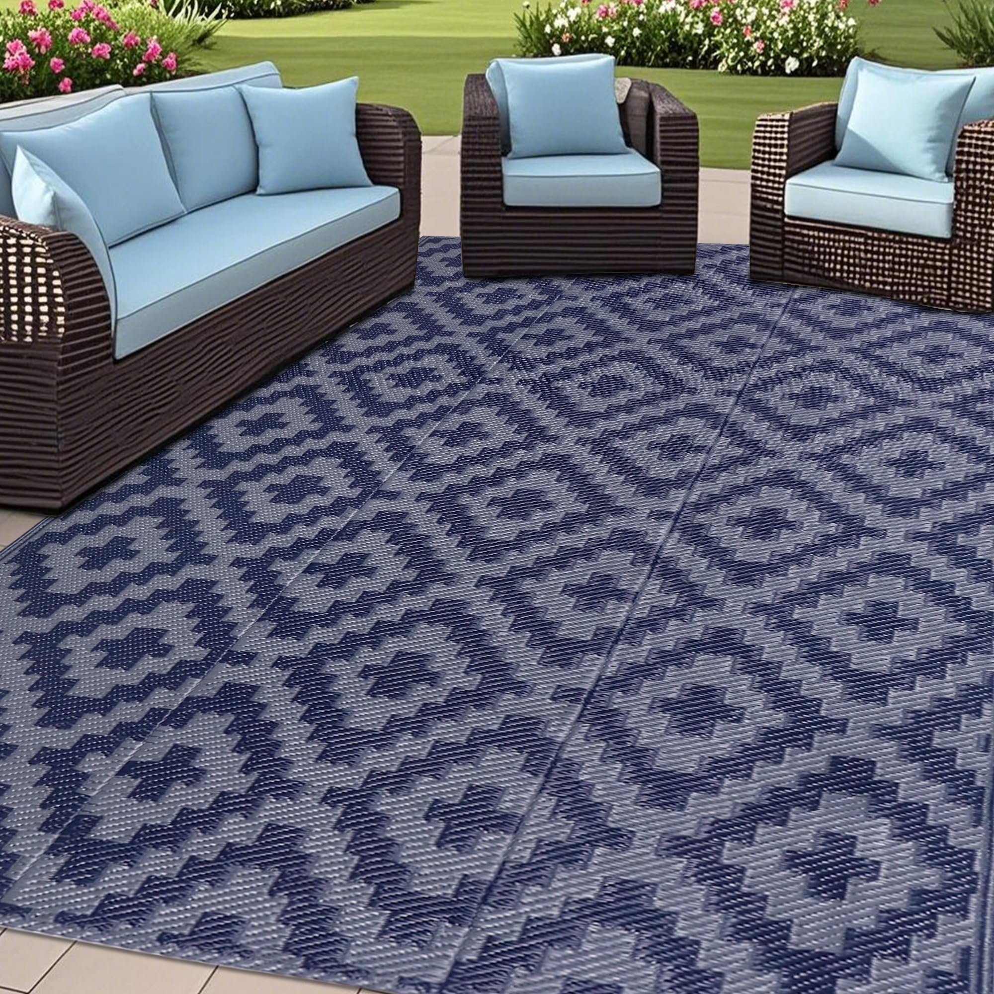 SAND MINE Waterproof Outdoor Rug 5x8 ft, Plastic Reversible Rug, Modern Area Rug, Large Floor Mat for Outdoors, RV, Patio, Backyard, Deck, Picnic, Beach, Camping, Black & Beige