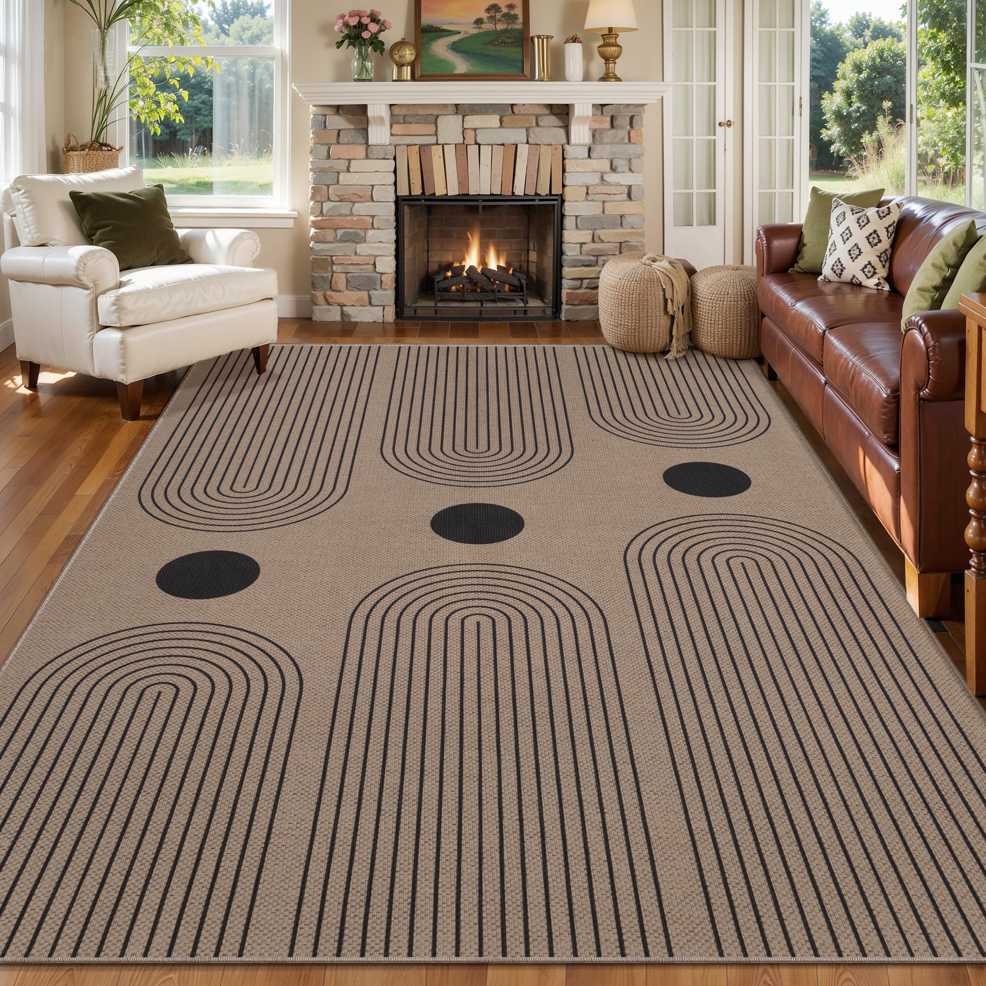 Tangsoo Rainbow Easy Jute Rug 5x7 Large Washable Area Rug for Living Room,Black Non-Slip Thin Outdoor Rug,Modern Farmhouse Indoor Carpet for Dining Room Table Bedroom Patio