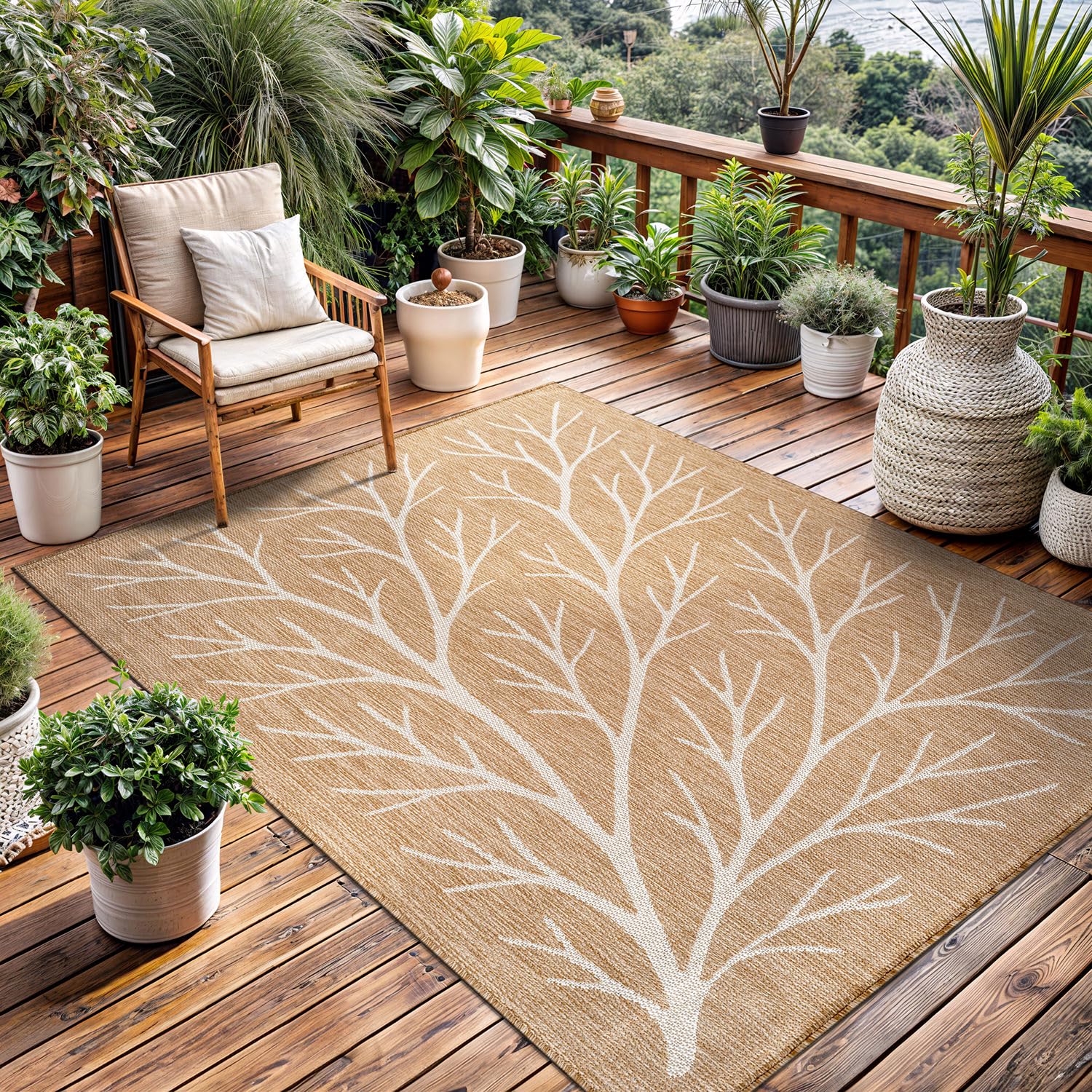 Washable Indoor Outdoor Rug 6x9 Modern Area Rugs Branch Pattern Non Shedding Waterproof Easy Clean Patio Deck Porch Living Room Bedroom Garden RV (6 X 9 Blue)