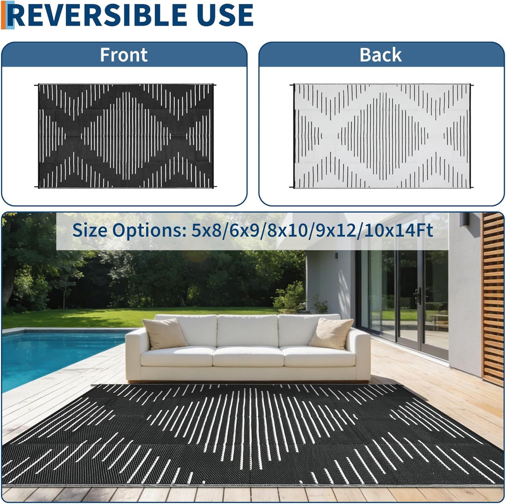 Garvee 6x9 Area Rugs Plastic Reversible Patio Rugs Outdoor Waterproof Easy-Cleaning Large Floor Mat for Outdoors Backyard Porch RV Beach Picnic Black White