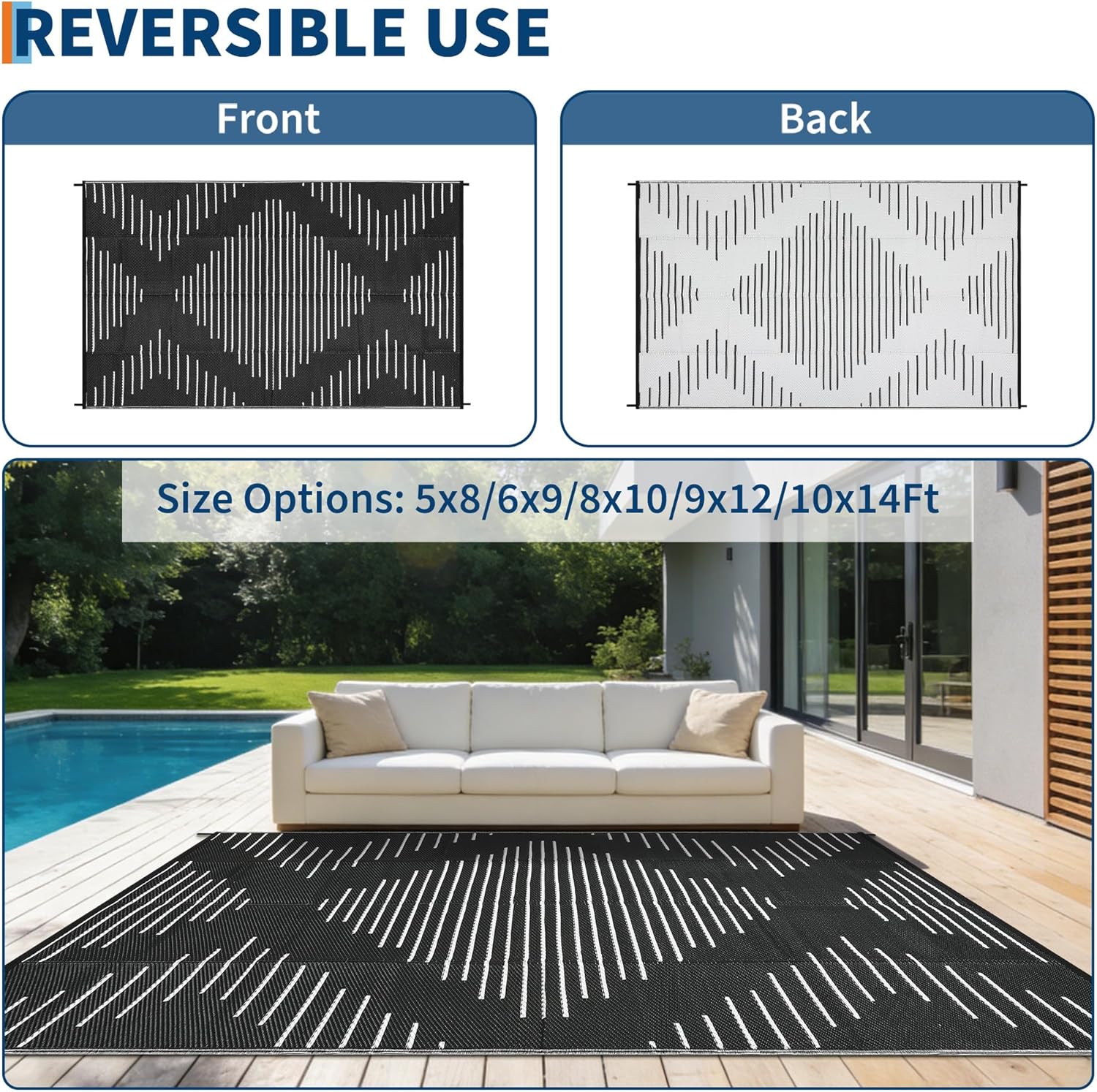 Garvee 6x9 Area Rugs Plastic Reversible Patio Rugs Outdoor Waterproof Easy-Cleaning Large Floor Mat for Outdoors Backyard Porch RV Beach Picnic Black White