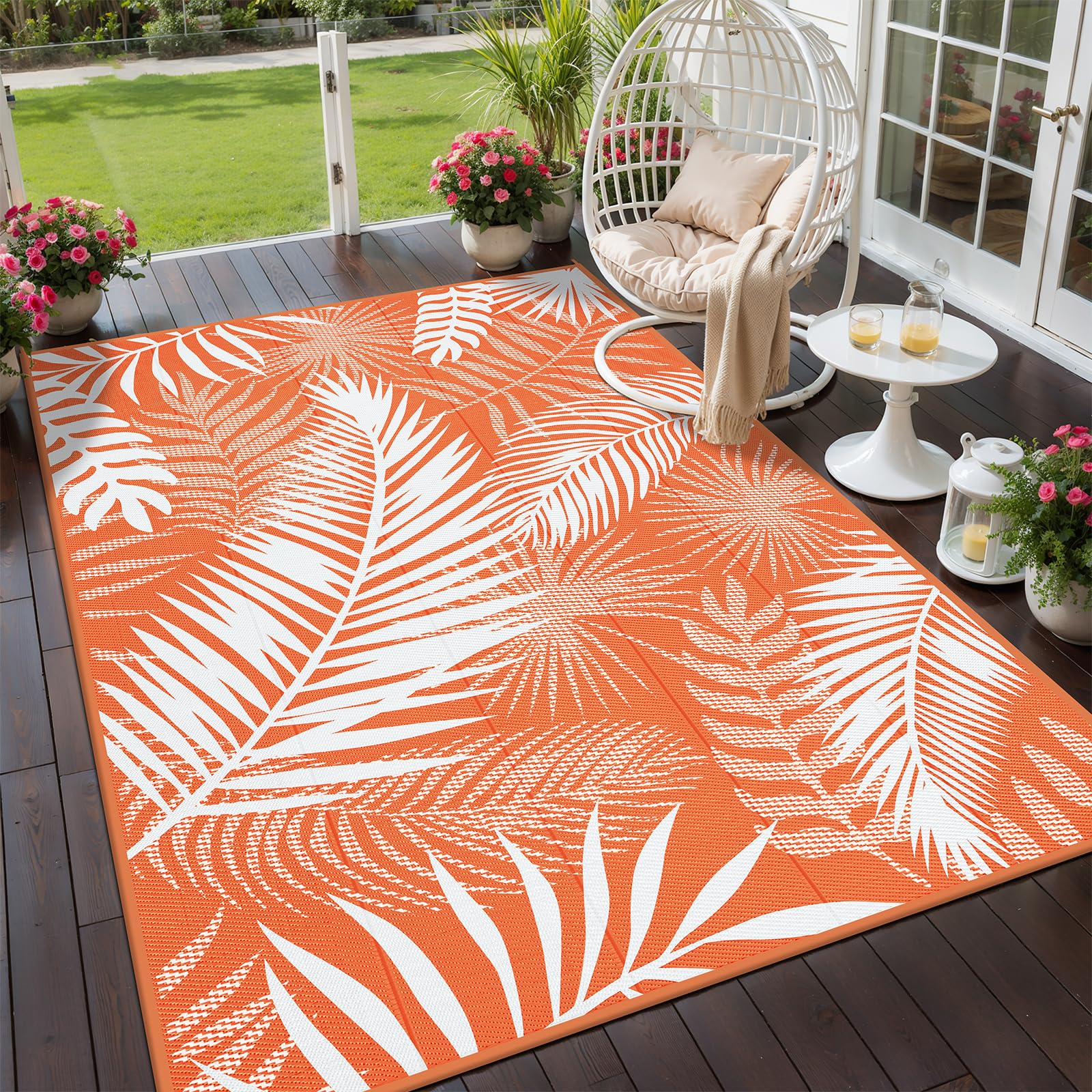 Outdoor Rug for Patios Clearance, 6x9 Waterproof RV Rugs for Outside, Reversible Plastic Straw Mat Large Quick Drying Outdoor Rugs for Deck Trailers Campers Porch Beach Backyard,Teal & White