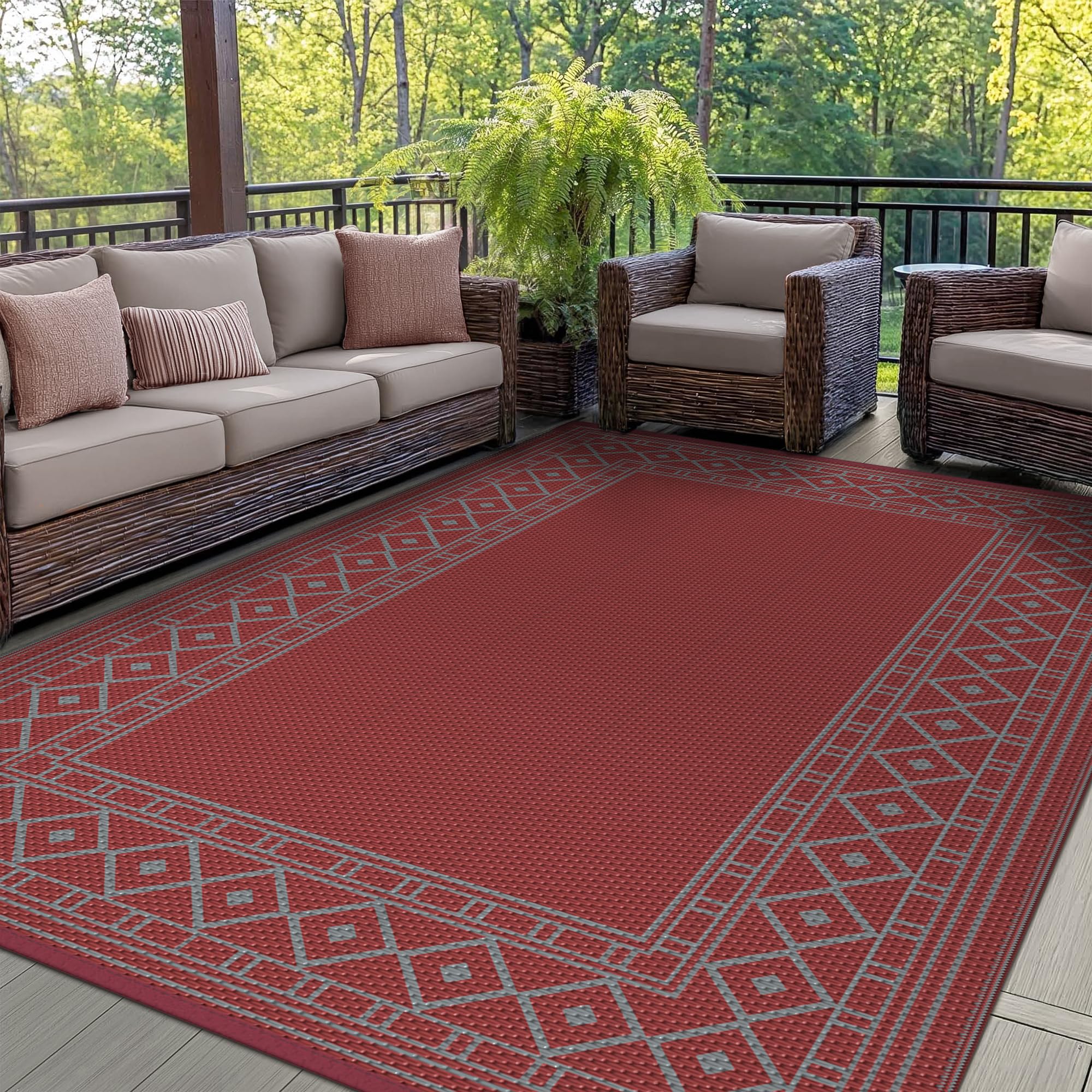 GENIMO Outdoor Rug Waterproof for Patio Decor, 5'x8' Reversible Plastic Straw Rug Carpet, Camping Mat for Outdoor, RV, Backyard, Deck, Balcony, Picnic, Beach, Coffee & Beige