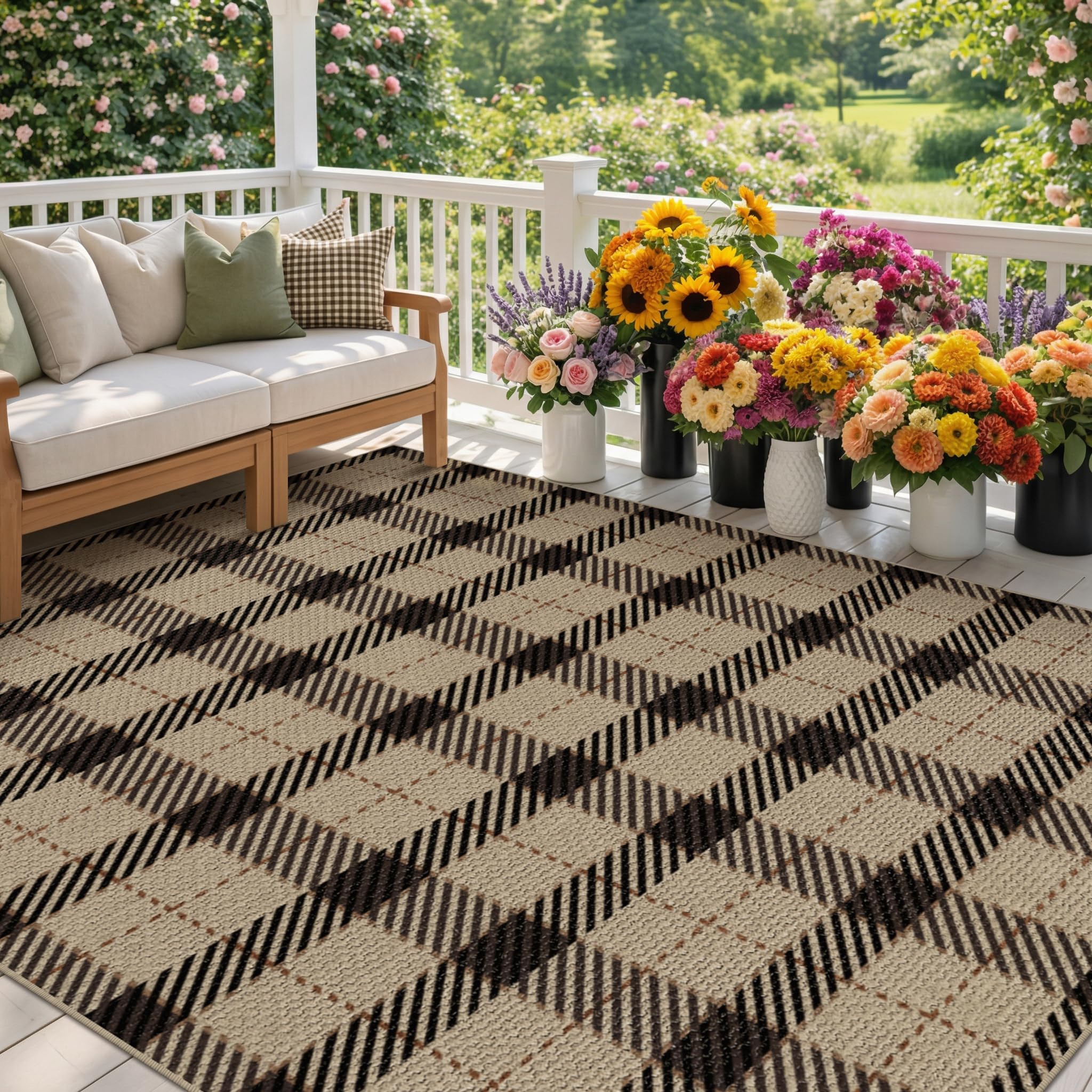 Washable Plaid Indoor Outdoor Rug 3x5 for Front Porch, Entryway, Patio, No Shed Easy Jute Non Slip TPR Backing Area Rug for Large Kitchen, Farmhouse Black & Tan Checkered Seegrass Aesthetic