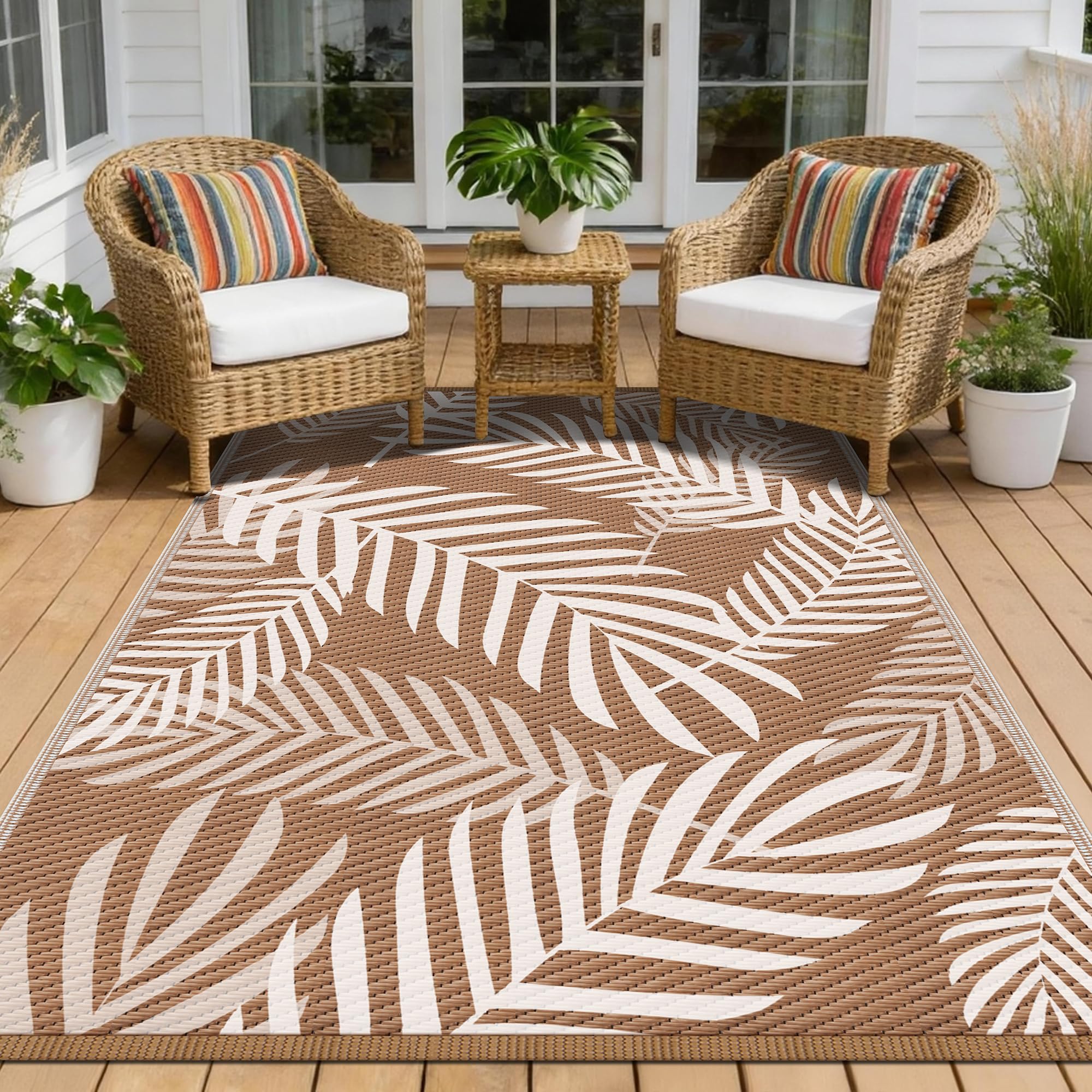 Kohree Outdoor Rug 9x12 Reversible, Waterproof Outdoor Plastic Straw Rug RV Patio Mat, Non-Slip Easy-Cleaning RV Outdoor Mat Carpet for Deck, Patio, Camping, Balcony, Deck, Backyard (Grey & White)
