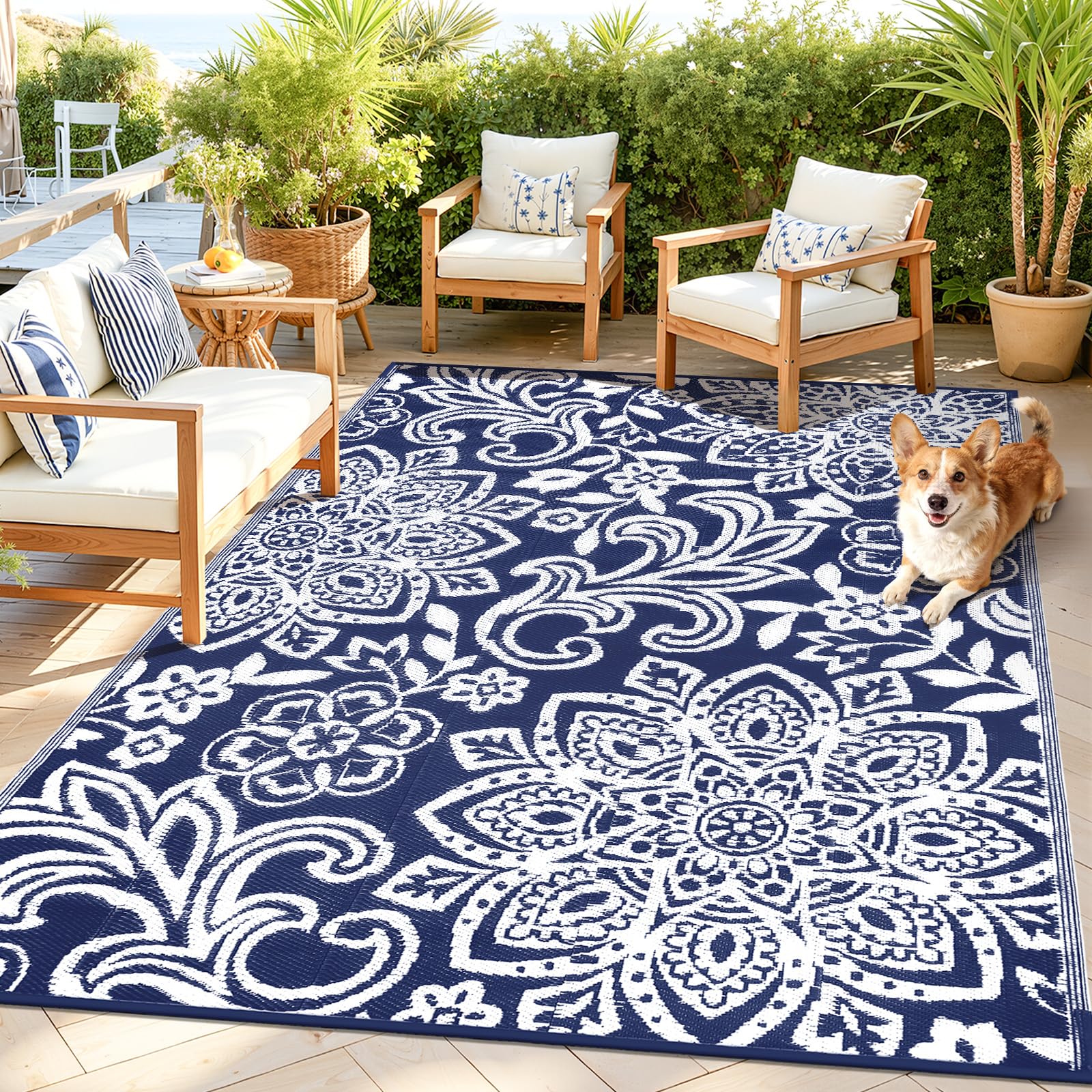 Findosom Waterproof Outdoor Rug 8' x 10' - Reversible Mandala Outdoor Plastic Straw Rug, Durable Foldable Patio Rug for RV, Deck, Balcony, Backyard, Picnic, Porch, Camping, Beach, Gray