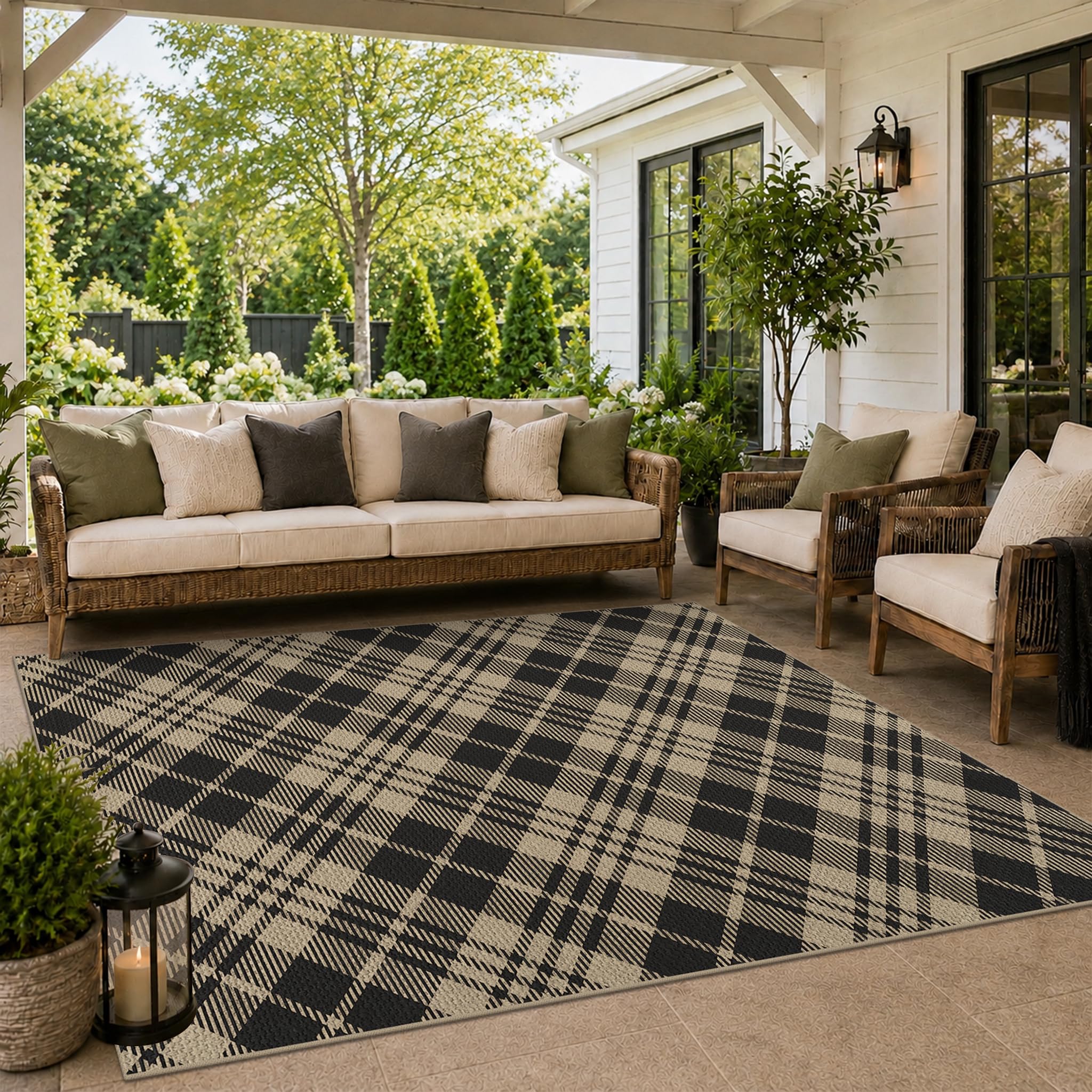 Washable Plaid Indoor Outdoor Rug 3x5 for Front Porch, Entryway, Patio, No Shed Easy Jute Non Slip TPR Backing Area Rug for Large Kitchen, Farmhouse Black & Tan Checkered Seegrass Aesthetic
