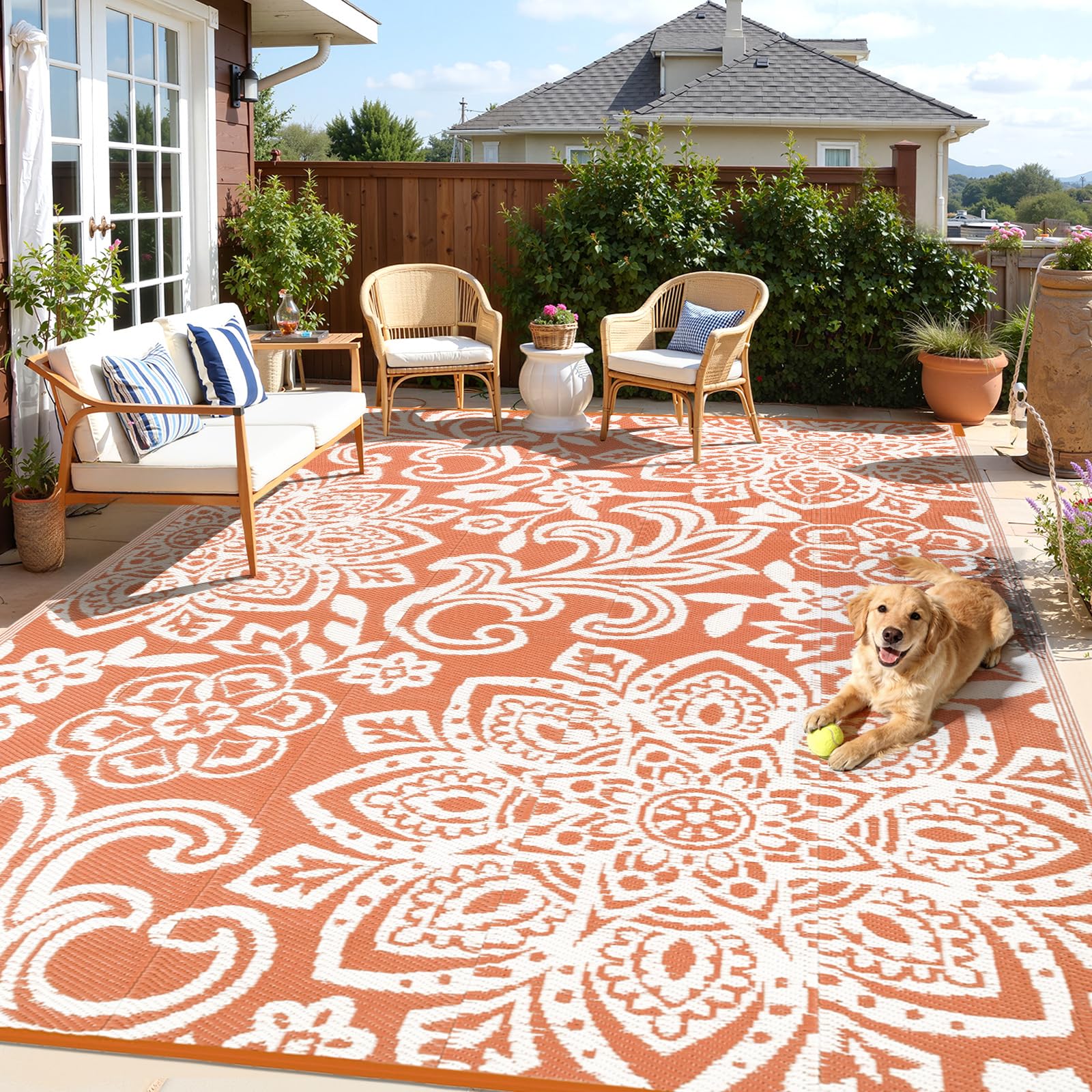 Findosom Waterproof Outdoor Rug 8' x 10' - Reversible Mandala Outdoor Plastic Straw Rug, Durable Foldable Patio Rug for RV, Deck, Balcony, Backyard, Picnic, Porch, Camping, Beach, Gray