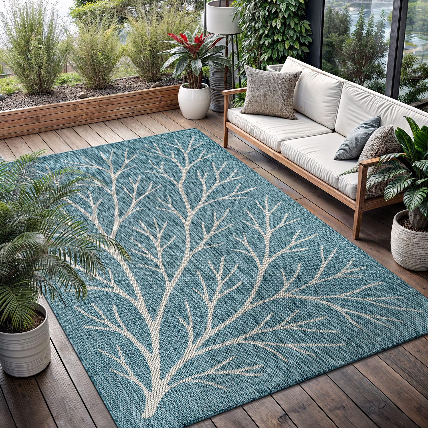 Washable Indoor Outdoor Rug 6x9 Modern Area Rugs Branch Pattern Non Shedding Waterproof Easy Clean Patio Deck Porch Living Room Bedroom Garden RV (6 X 9 Blue)
