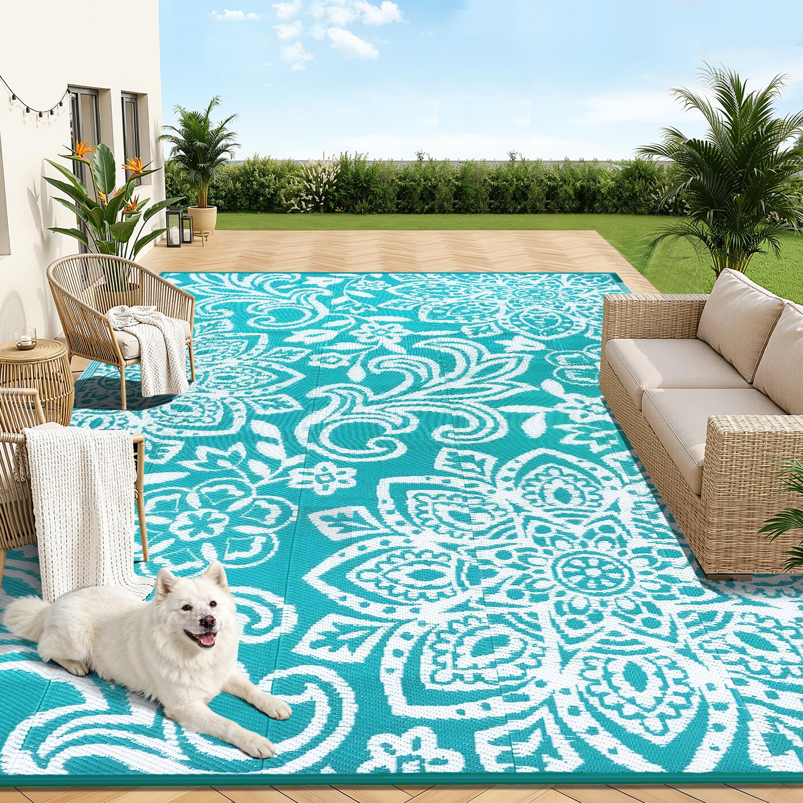 Findosom Waterproof Outdoor Rug 8' x 10' - Reversible Mandala Outdoor Plastic Straw Rug, Durable Foldable Patio Rug for RV, Deck, Balcony, Backyard, Picnic, Porch, Camping, Beach, Gray