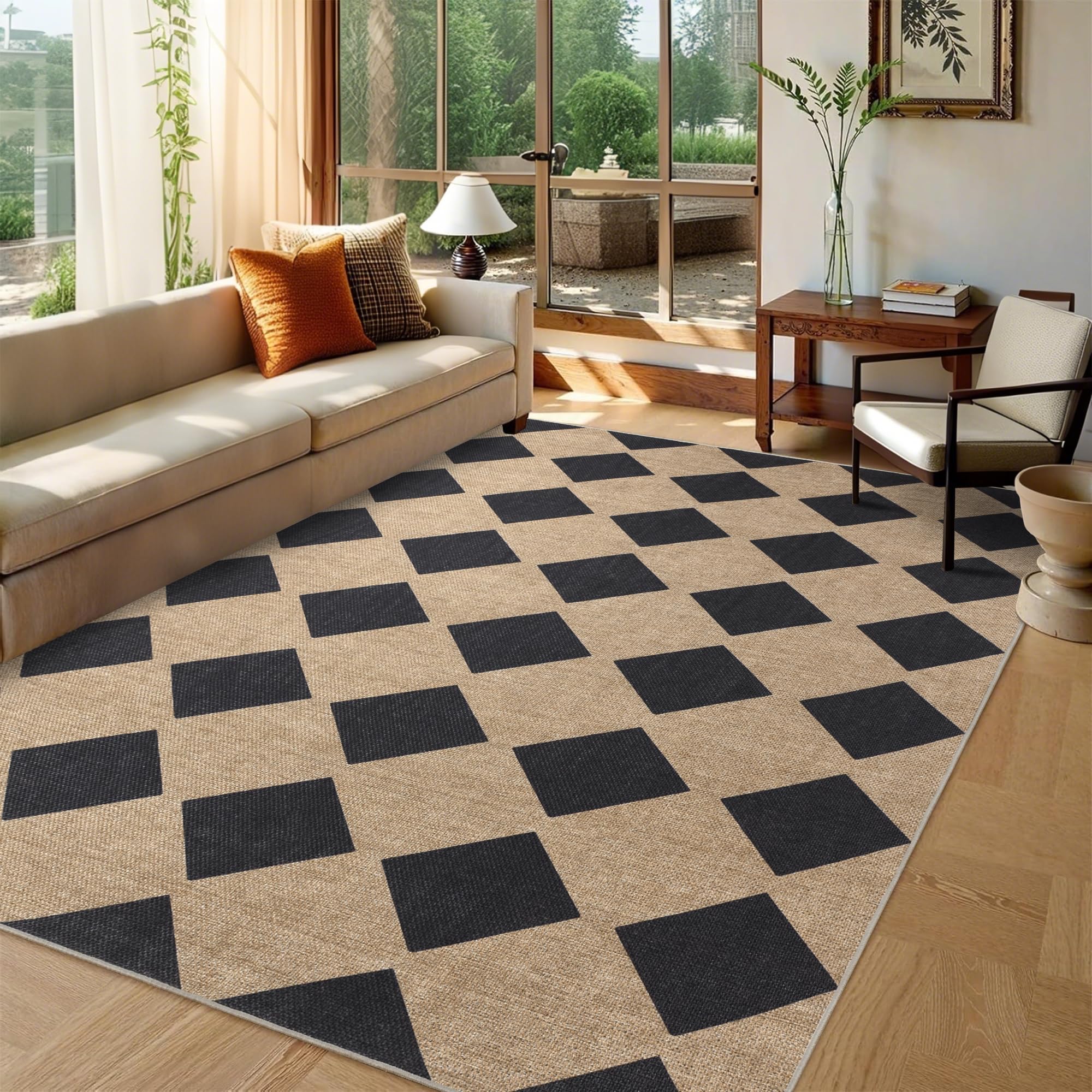 Striped Easy Jute Rug 5x7 Outdoor Patio Rug Washable Rugs for Living Room Bedroom Non Slip Non Shedding Neutral Farmhouse Indoor Outdoor Carpet for Backyard Patio Office