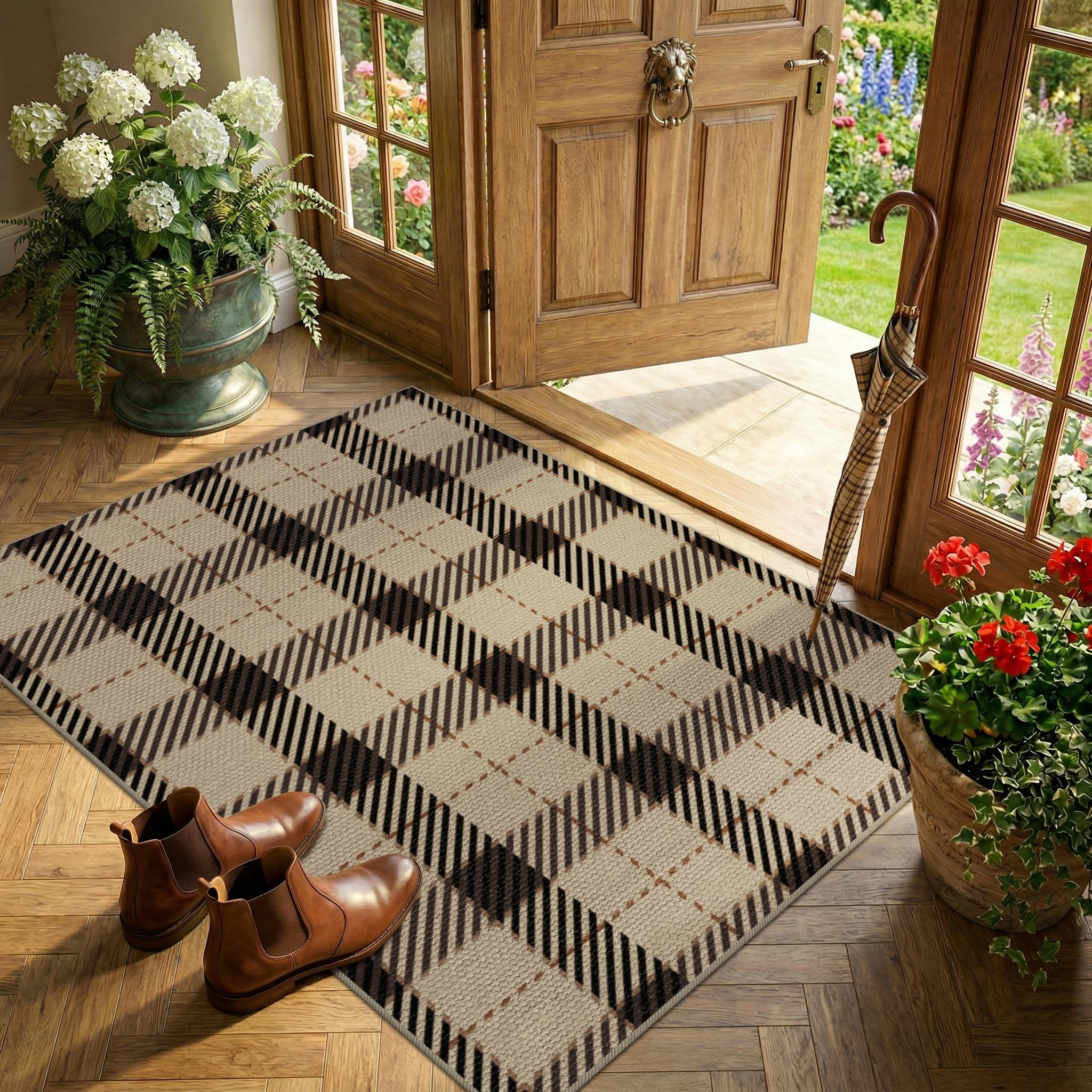 Washable Plaid Indoor Outdoor Rug 3x5 for Front Porch, Entryway, Patio, No Shed Easy Jute Non Slip TPR Backing Area Rug for Large Kitchen, Farmhouse Black & Tan Checkered Seegrass Aesthetic