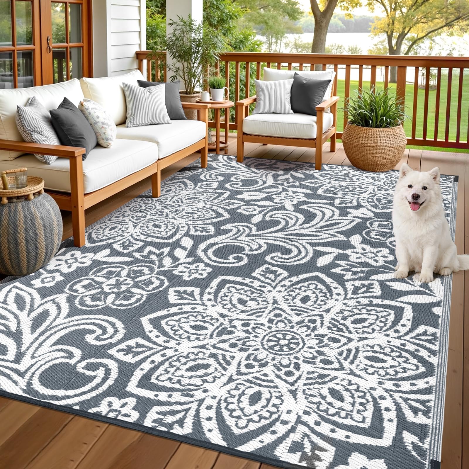 Findosom Waterproof Outdoor Rug 8' x 10' - Reversible Mandala Outdoor Plastic Straw Rug, Durable Foldable Patio Rug for RV, Deck, Balcony, Backyard, Picnic, Porch, Camping, Beach, Gray