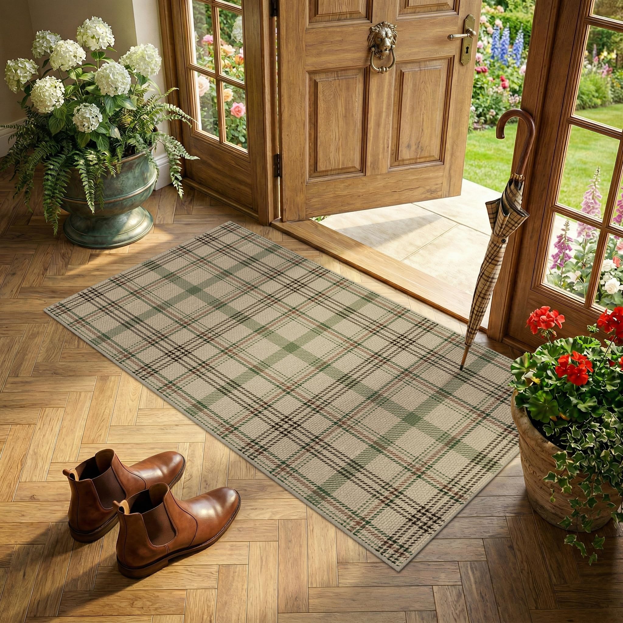 Washable Plaid Indoor Outdoor Rug 3x5 for Front Porch, Entryway, Patio, No Shed Easy Jute Non Slip TPR Backing Area Rug for Large Kitchen, Farmhouse Black & Tan Checkered Seegrass Aesthetic