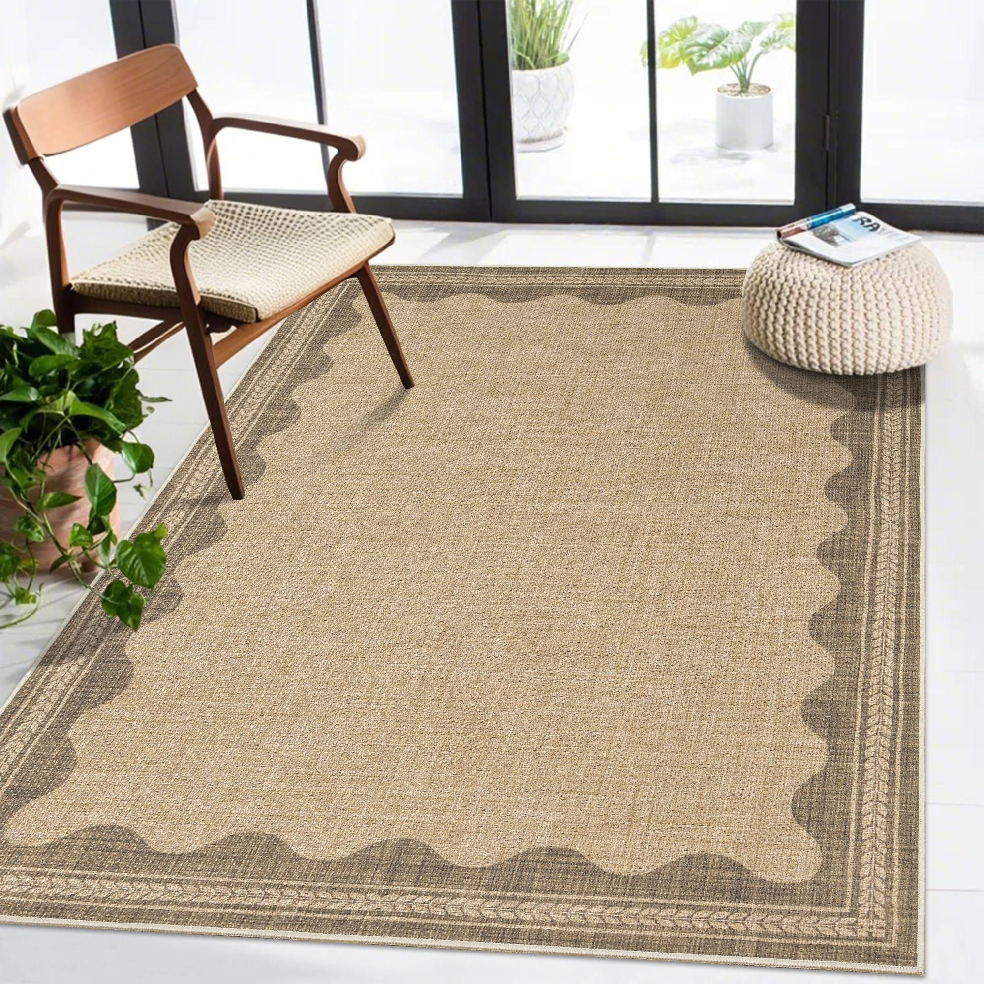 Striped Easy Jute Rug 5x7 Outdoor Patio Rug Washable Rugs for Living Room Bedroom Non Slip Non Shedding Neutral Farmhouse Indoor Outdoor Carpet for Backyard Patio Office