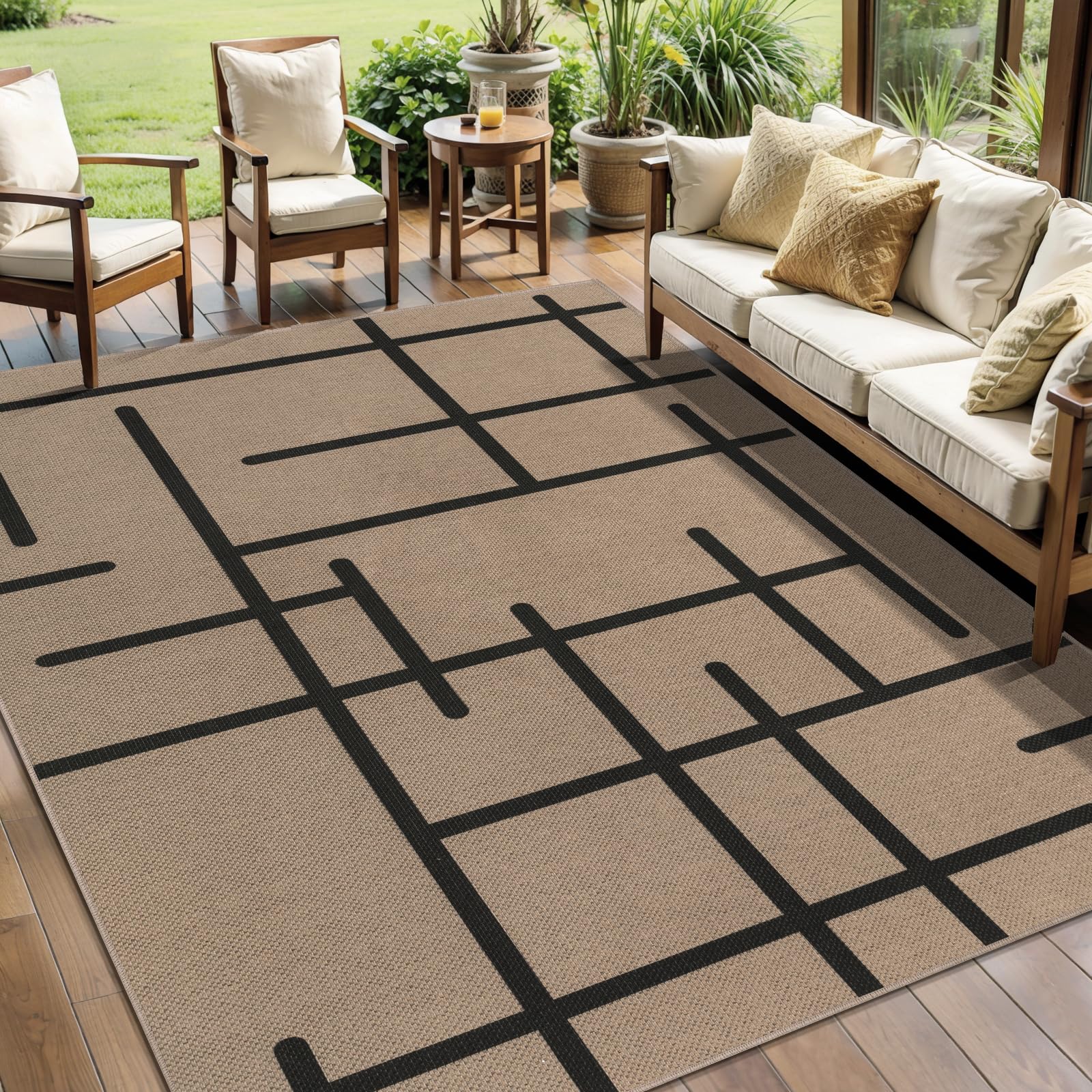 Tangsoo Rainbow Easy Jute Rug 5x7 Large Washable Area Rug for Living Room,Black Non-Slip Thin Outdoor Rug,Modern Farmhouse Indoor Carpet for Dining Room Table Bedroom Patio