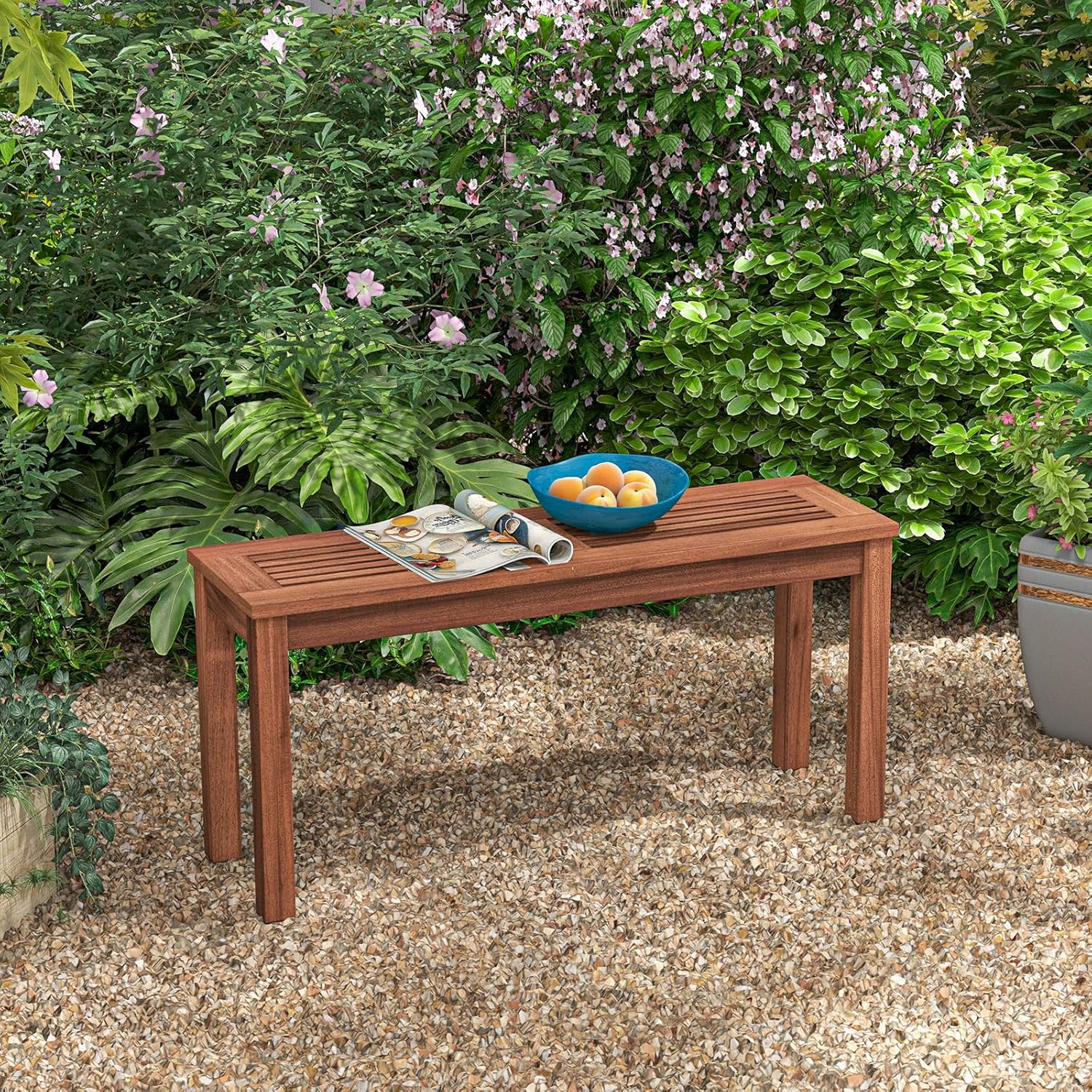Wooden Outdoor Bench, 2-Seater Backless Garden Bench, Solid Weatherproof Wood Frame for Outdoors, 39.5” Long Slatted Patio Bench for Entryway, Porch, Backyard, Lawn, Natural
