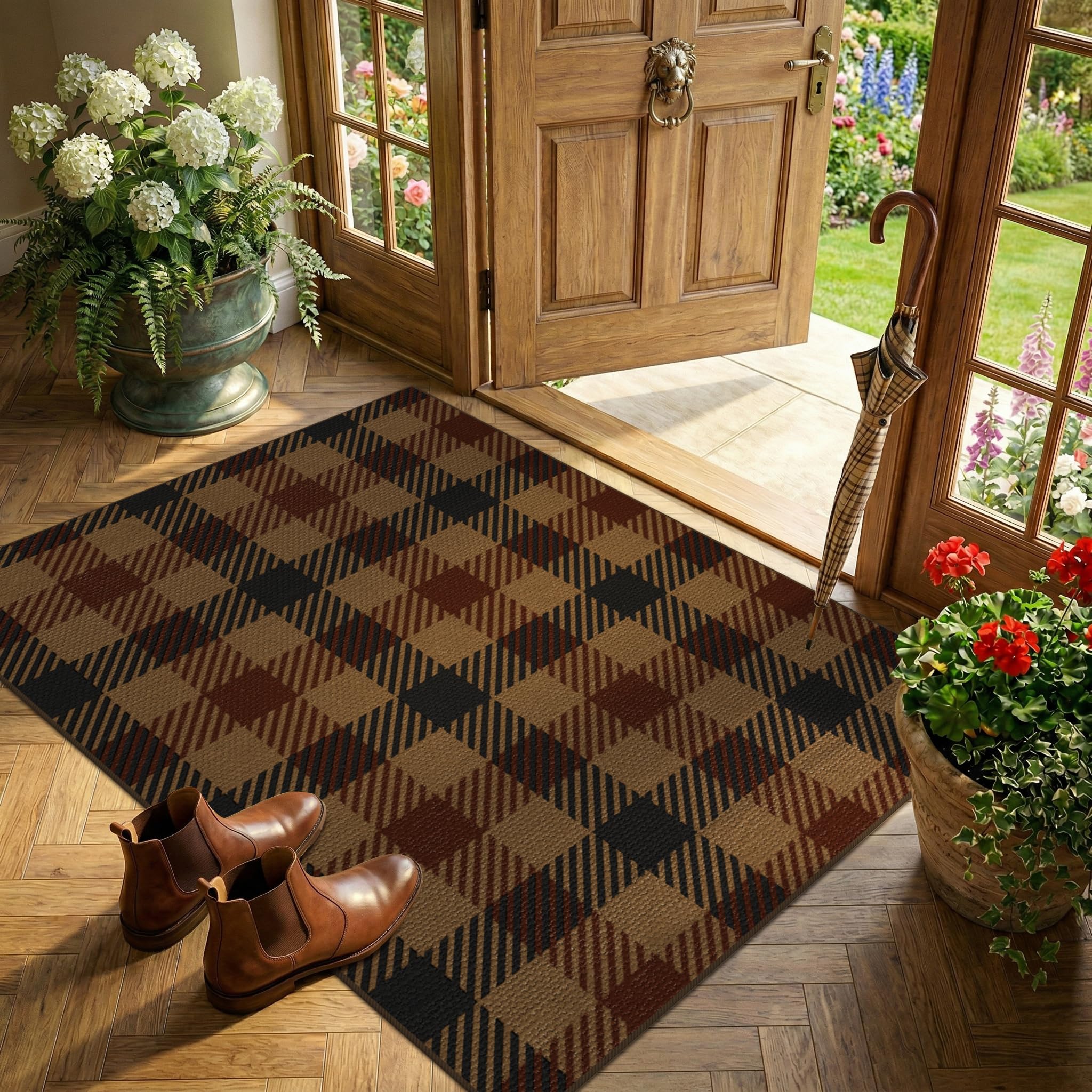 Washable Plaid Indoor Outdoor Rug 3x5 for Front Porch, Entryway, Patio, No Shed Easy Jute Non Slip TPR Backing Area Rug for Large Kitchen, Farmhouse Black & Tan Checkered Seegrass Aesthetic