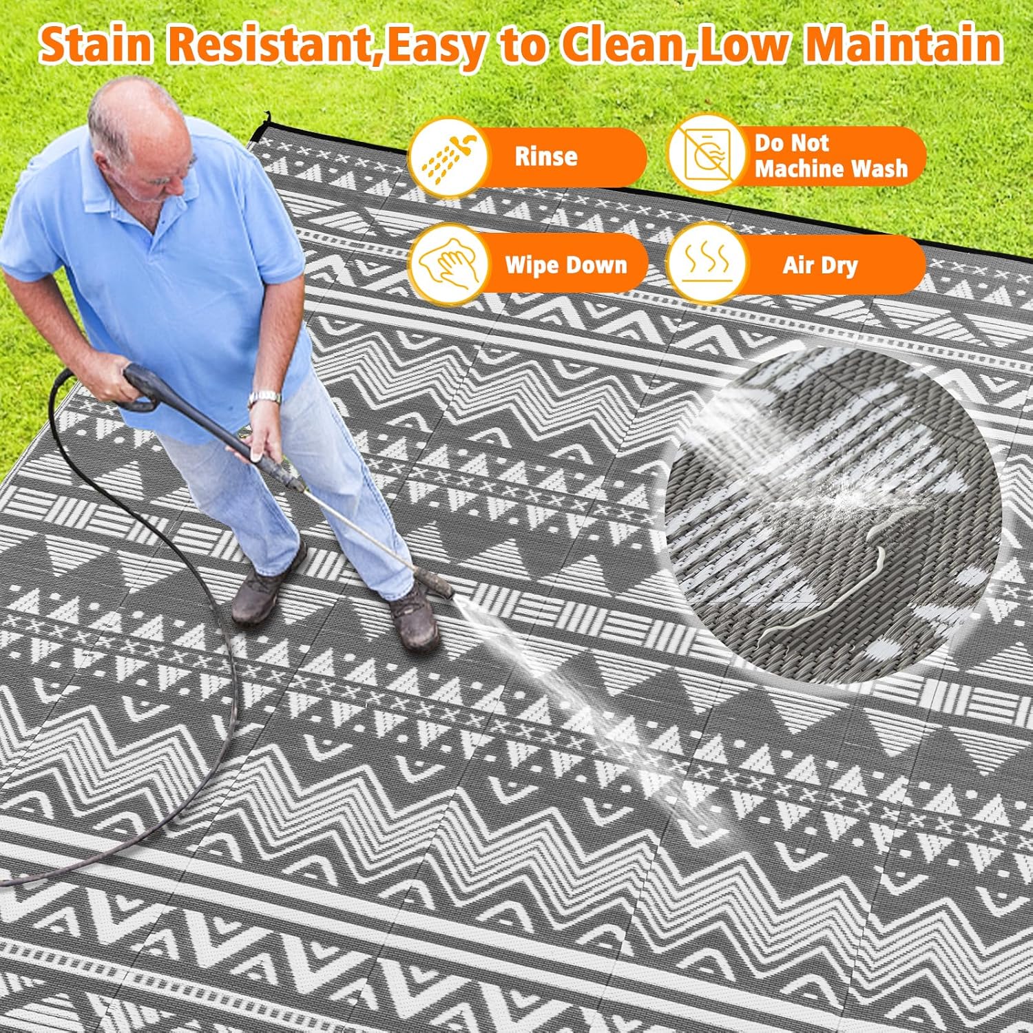 Large Rv Outdoor Rugs for Camping Outdoor Rug 10x14 Patio Waterproof 10x14 Plastic Patio Rug for Outside, Reversible Grey and White Boho Stripe Woven Mat for Deck, Porch, Camping, Balcony, RV, Yard