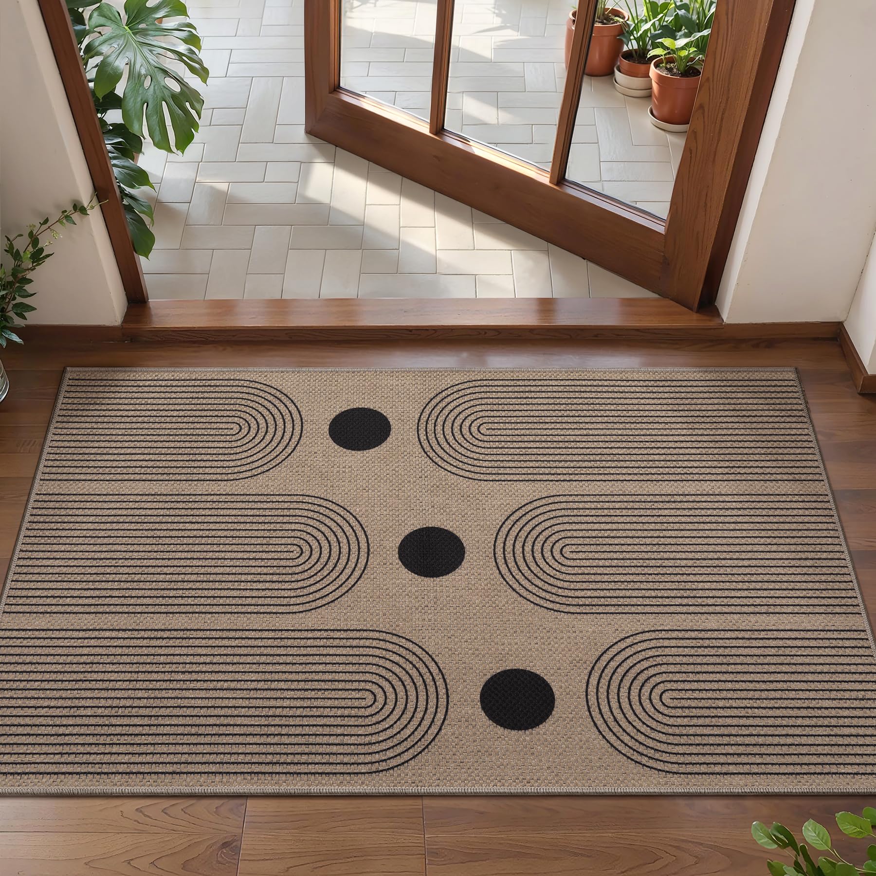 Tangsoo Rainbow Easy Jute Rug 5x7 Large Washable Area Rug for Living Room,Black Non-Slip Thin Outdoor Rug,Modern Farmhouse Indoor Carpet for Dining Room Table Bedroom Patio