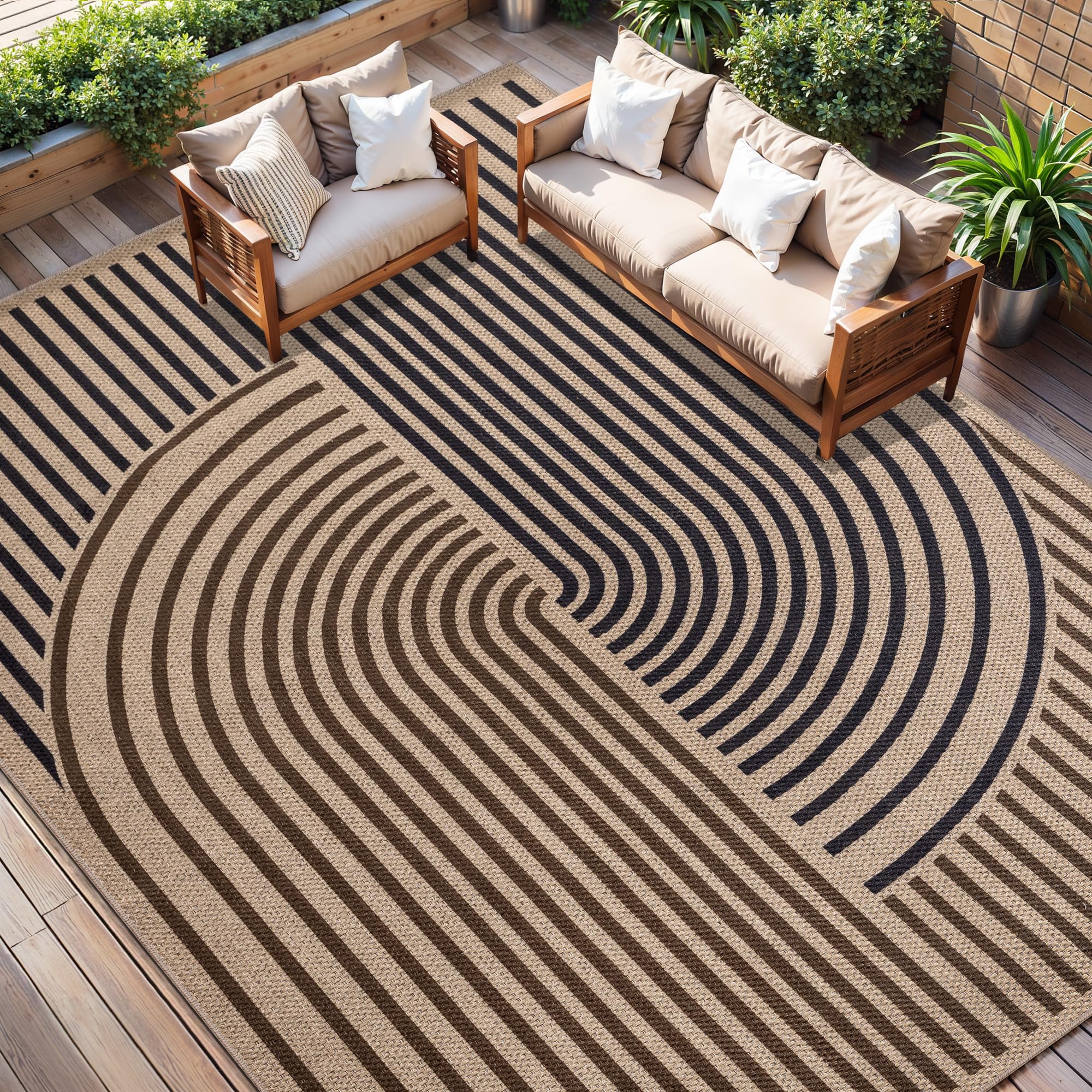 Tangsoo Rainbow Easy Jute Rug 5x7 Large Washable Area Rug for Living Room,Black Non-Slip Thin Outdoor Rug,Modern Farmhouse Indoor Carpet for Dining Room Table Bedroom Patio